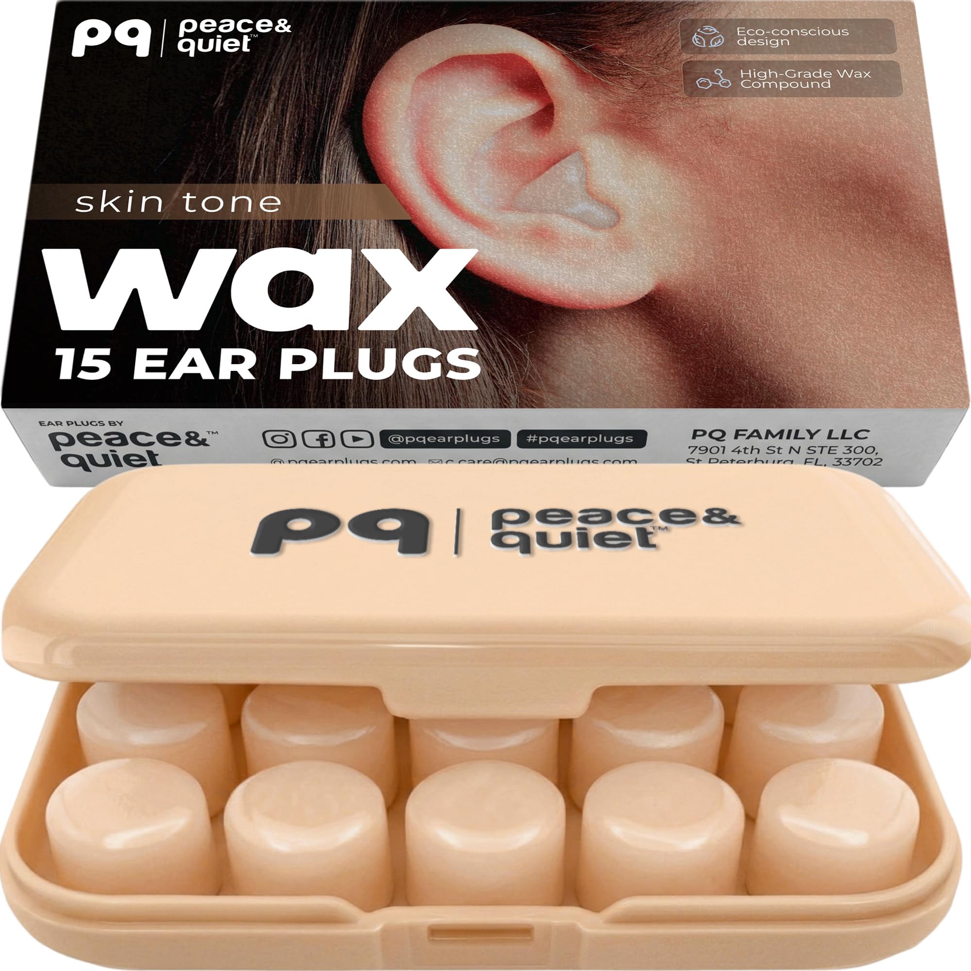 Peace&amp;Quiet PQ Wax Ear Plugs for Sleeping, Silicone, Skin Tone, 15 Count