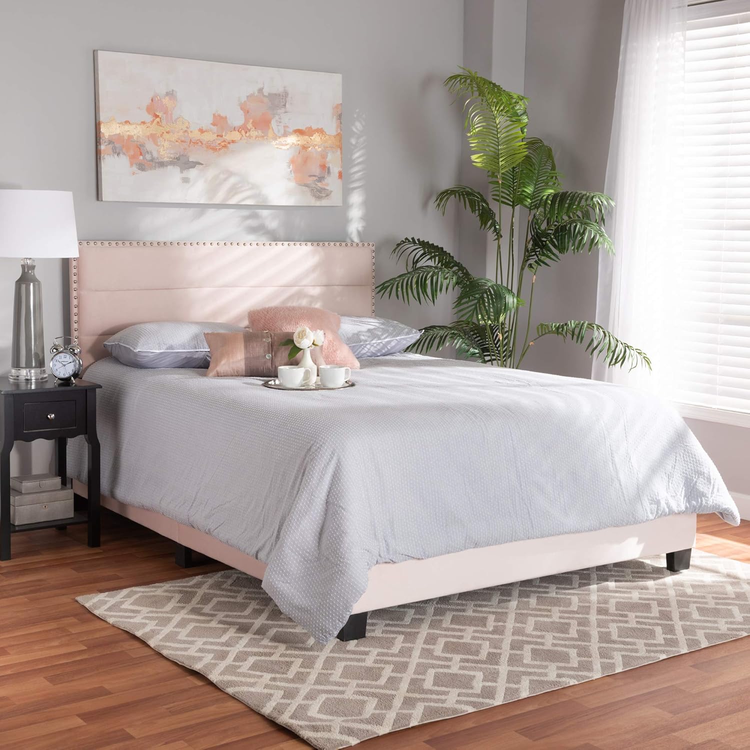 Baxton Studio Tamira Beds (Box Spring Required), Full, Light Pink/Black