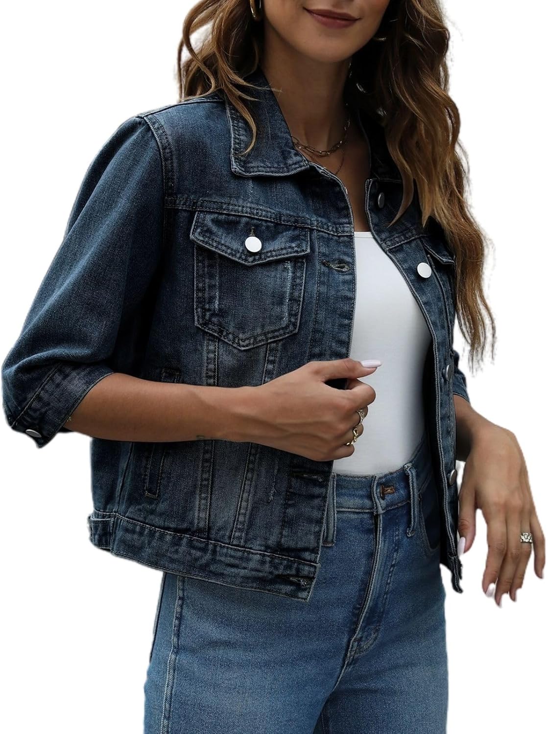 happlan Women's 3/4 Sleeve Short Denim Jacket Lapel Button Down Cropped Trucker Jean Jackets Coats