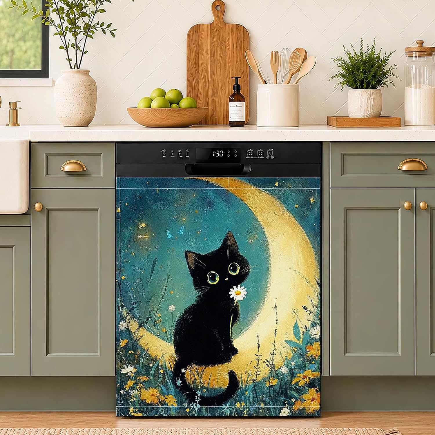 Cute Cat Moon Dishwasher Magnet Cover,23x26 Inch Magnetic Dishwasher Cover,Waterproof Appliance Door Sticker for Dishwasher Refrigerator Washing Machine Dryer,Kitchen Decor