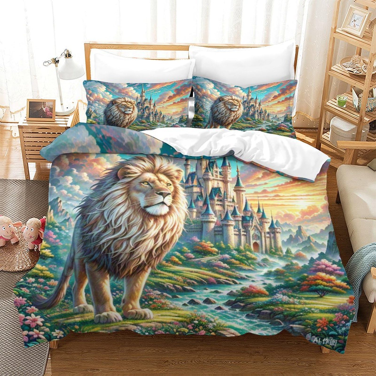 Linge de lit lion 3D Super King en microfibre haute densité