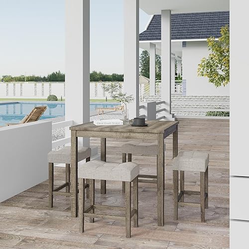 Miniatura 8 de Juego de mesa de comedor de altura de mostrador de 5 piezas, juego de muebles de mesa de comedor rectangular moderno para interiores, mesa de 1+4