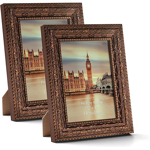 Edenseelake 5x7 Picture Frame Set of 2, Vintage Antique Ornate Photo Frame 5 by 7 for Tabletop or Wall, Bronze