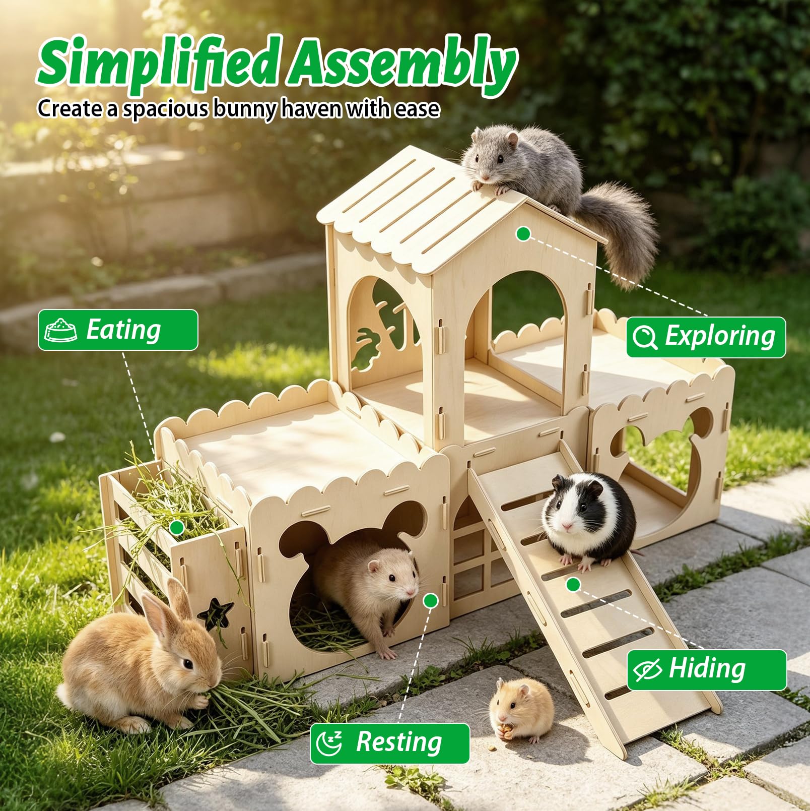 Maison château pour Lapins avec Rampe, Abri en Bois pour Lapins, Ventilée | Convient aux lapins, furets, cochons d'Inde et hamsters, Maisonnette d'intérieur amovible pour lapins