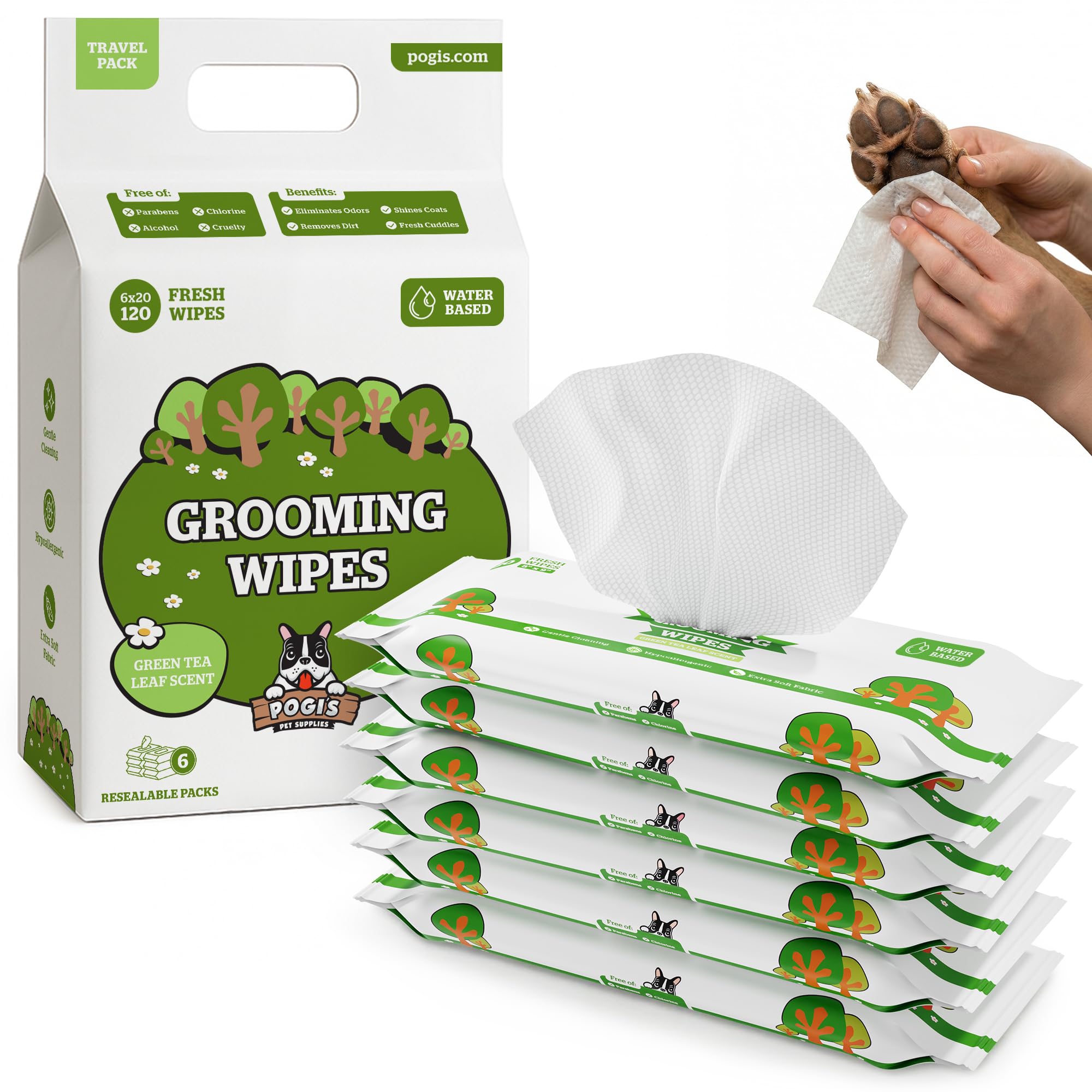Pogi's Pet Supplies Green Tea Leaf Scented Pogi's Grooming Wipes - 120-Count Travel Pack - Hypoallergenic Pet Wipes For Dogs & Cats - Biodegradable, Green Tea Scent, Deodorising Dog Wipes