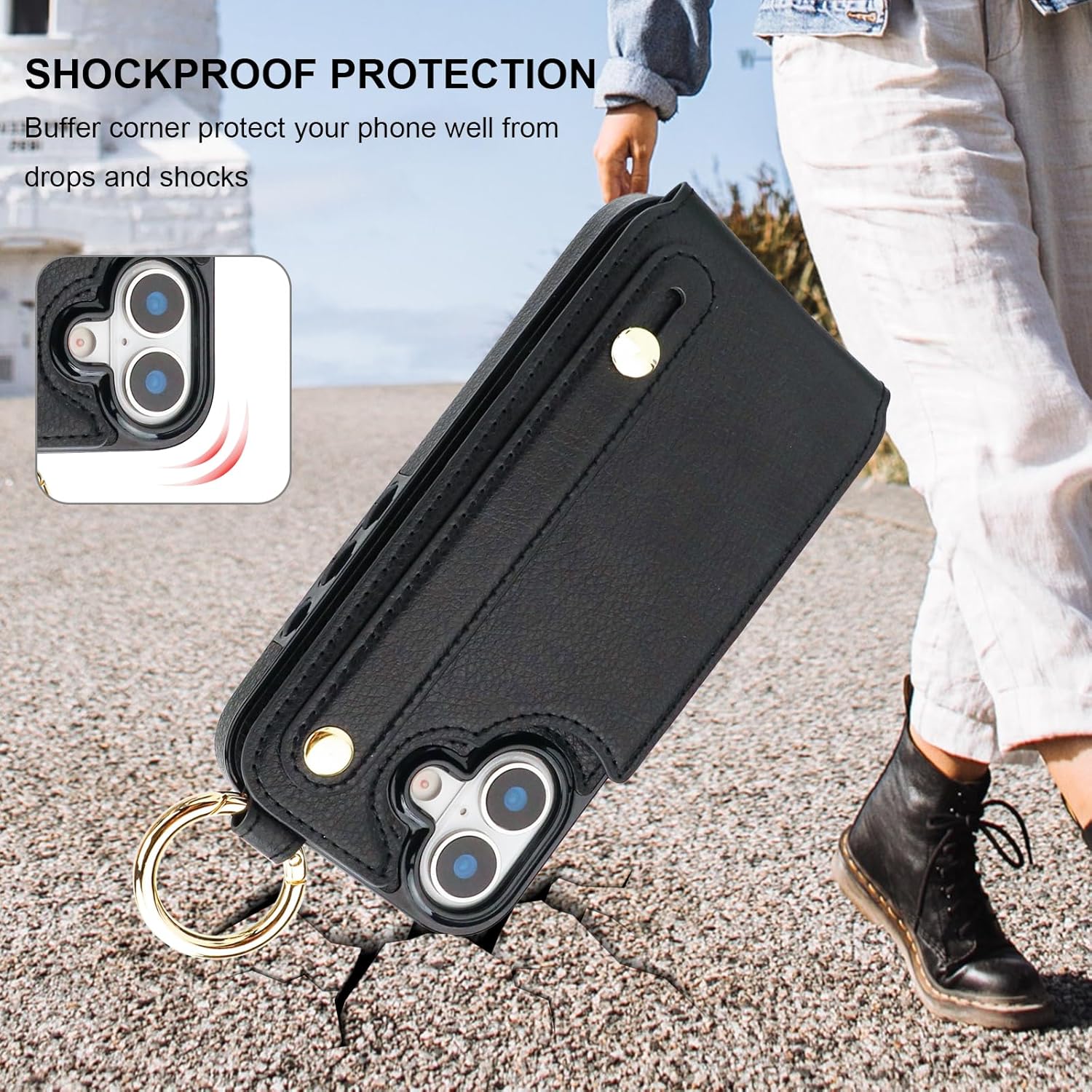 Folosu Wallet Case with Card Holder for iPhone 17, Hand Wrist Strap Loop Holder Kickstand, RFID Blocking Finger Grip Ring PU Leather Double Buttons Shockproof Cover 6.3" Black