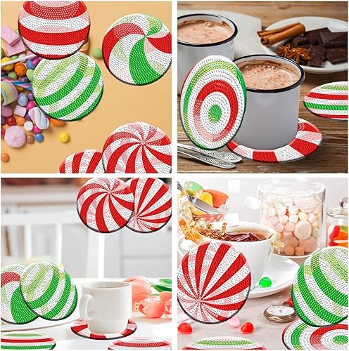 Miniatura 6 de Juego de 8 posavasos de diamantes de caramelo 3D con soporte, posavasos de arte de diamantes 3D para adultos, suministros para regalo de Navidad