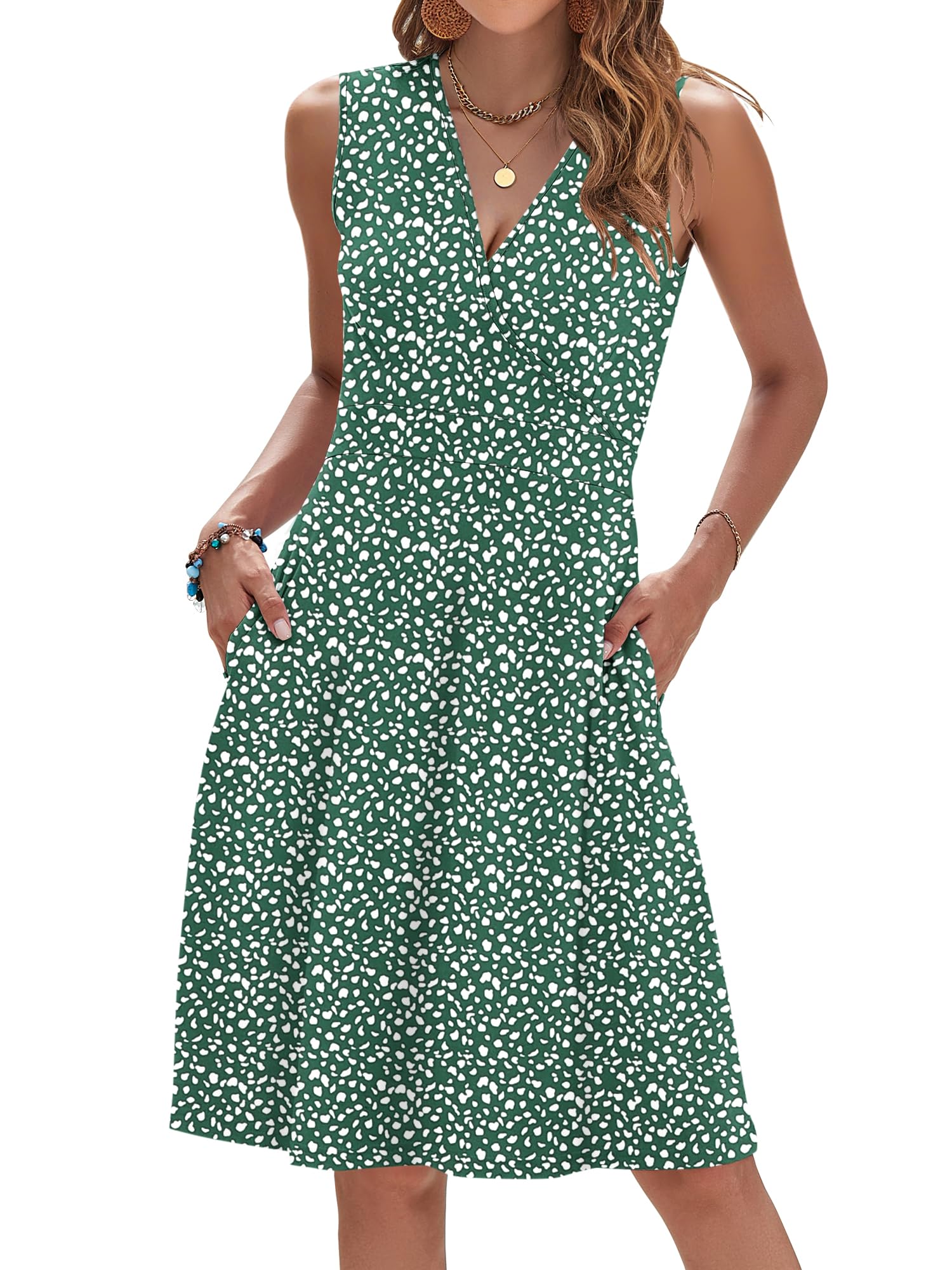 Womens Floral Summer Dress Sleeveless V Neck Faux Wrap Pockets