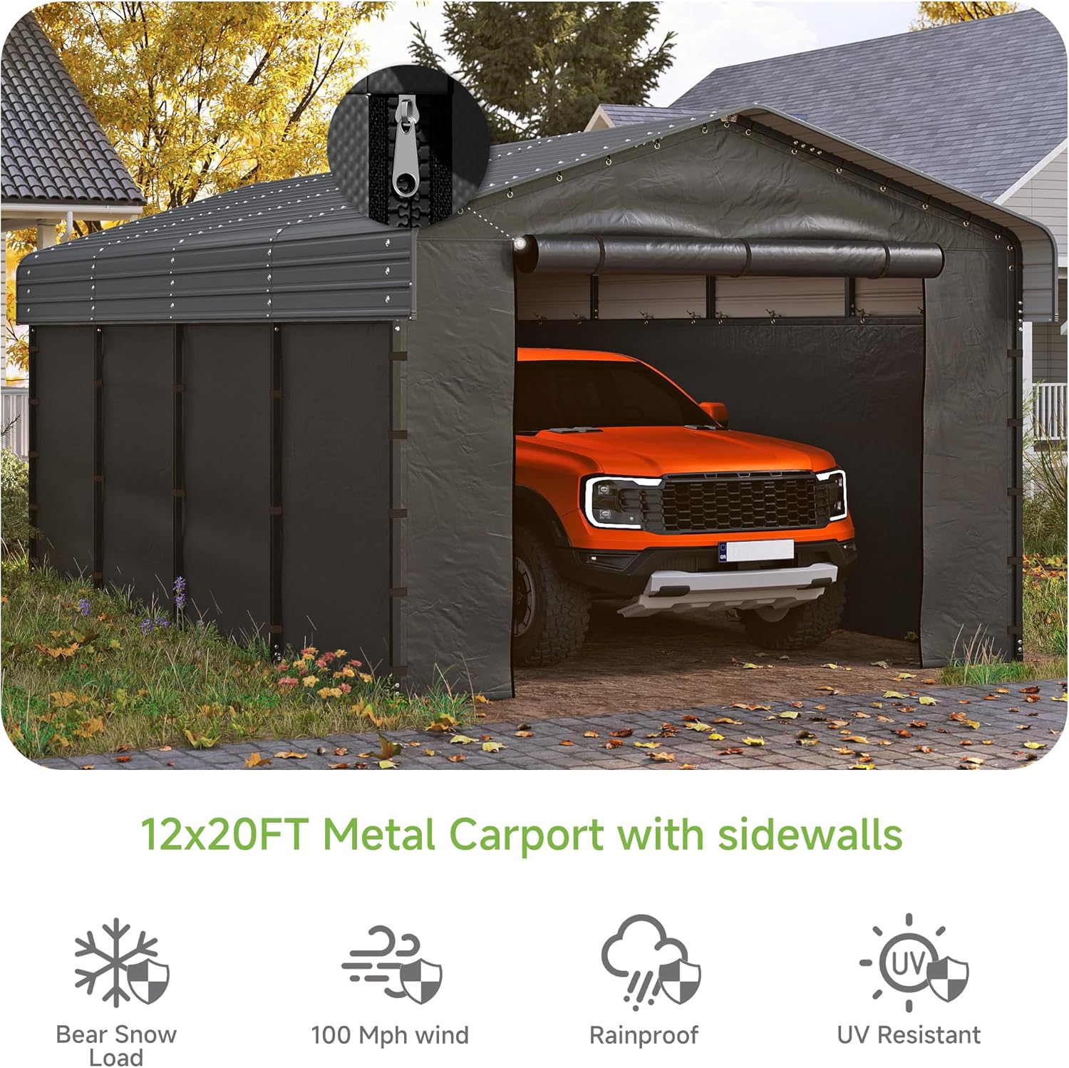 Icons illustrating the carport's features: bear snow load, 100 mph wind resistance, rainproof, and UV resistant.