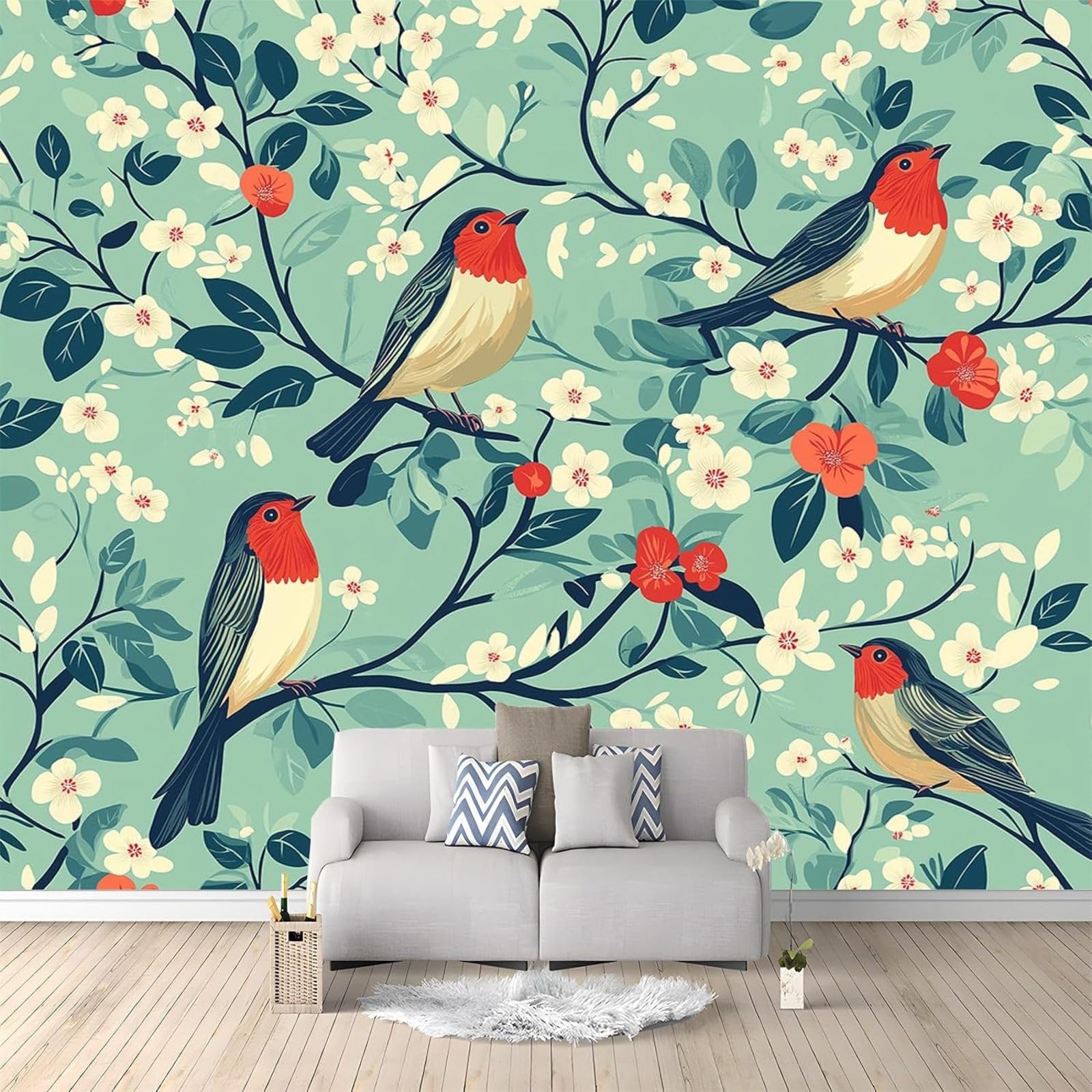 Blue and Green Flower Bird Photo Wallpaper Mural Mural Wallpaper Mural Living Room Bedroom Office Hallway 150cm x 105cm