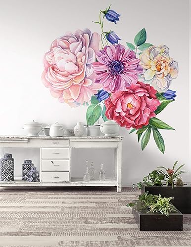 Miniatura 2 de Murwall Pegatina de pared floral grande de peonía para dormitorio, acuarela, floral, para sala de estar, peonías rojas y rosas, tulipán, margaritas,