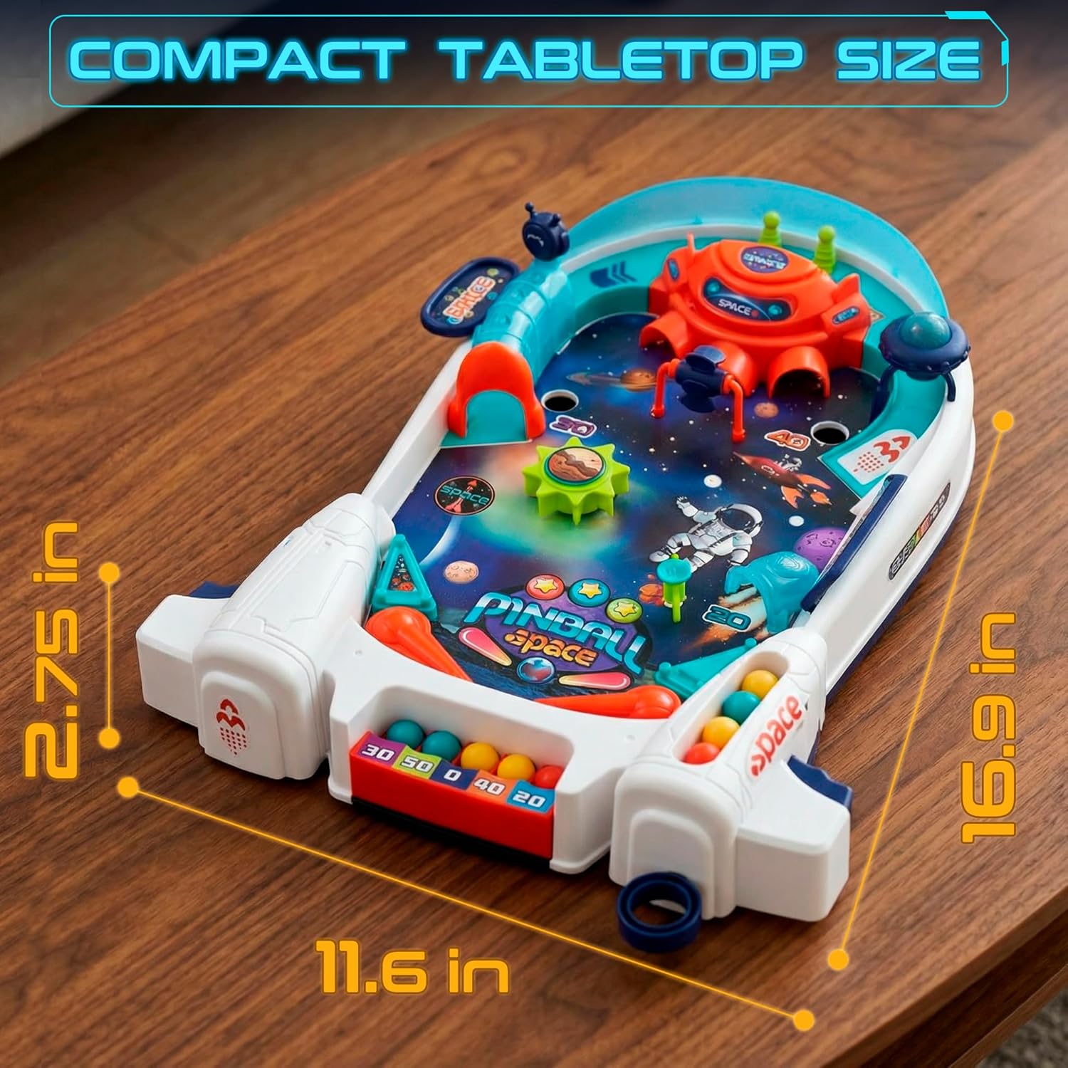 Space Pinball Machine — Tabletop Arcade Game with Obstacles, Pull-Rod Launcher, Flippers, UFO Targets & Astronaut Theme, 1-2 Player Mini Pinball for Kids