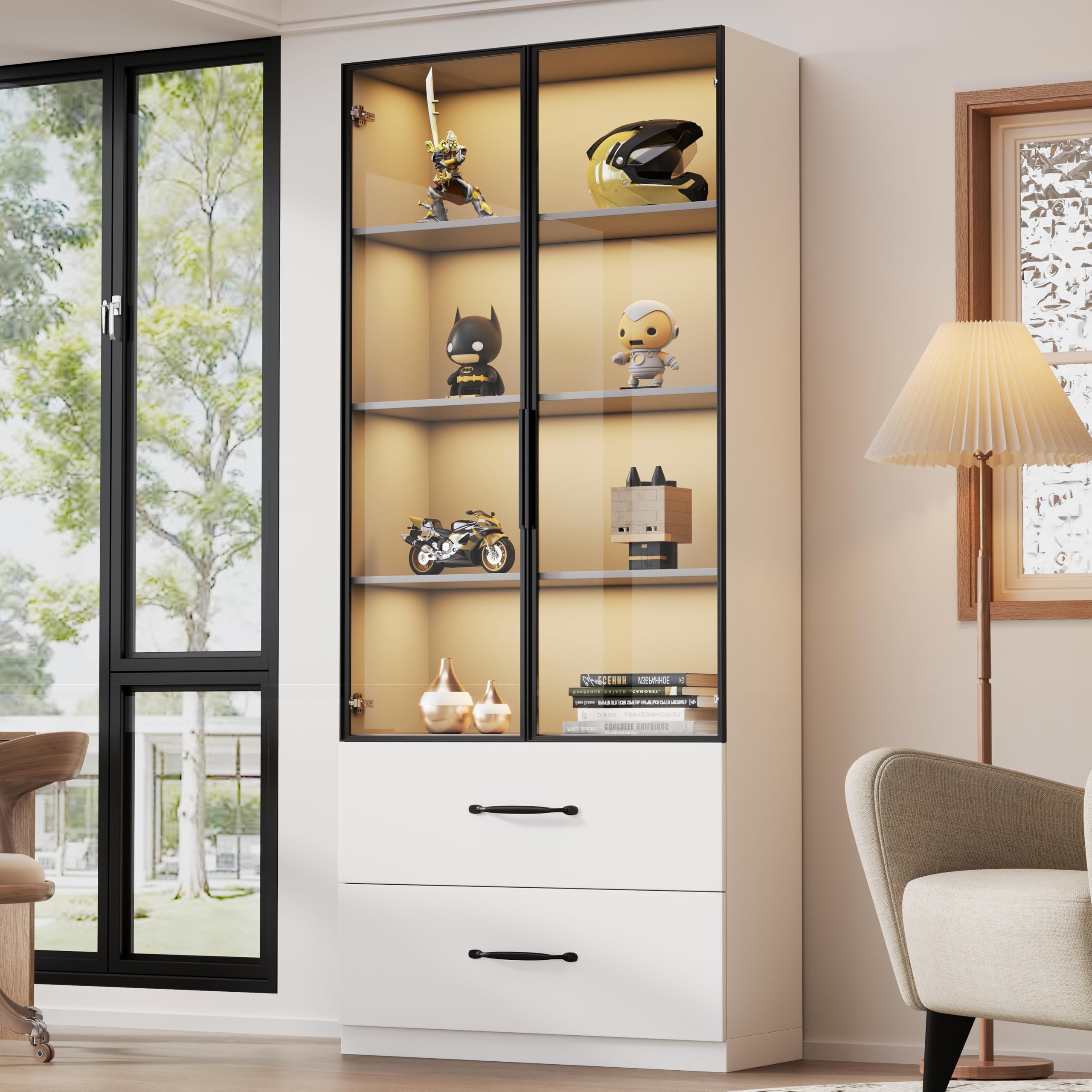 Vitrina LED 60 x 40 x 160 cm, estantería y armario multifunción con cristal y compartimentos abiertos, bisagras de cierre suave, iluminación LED multicolor, vitrina de cristal a prueba de polvo