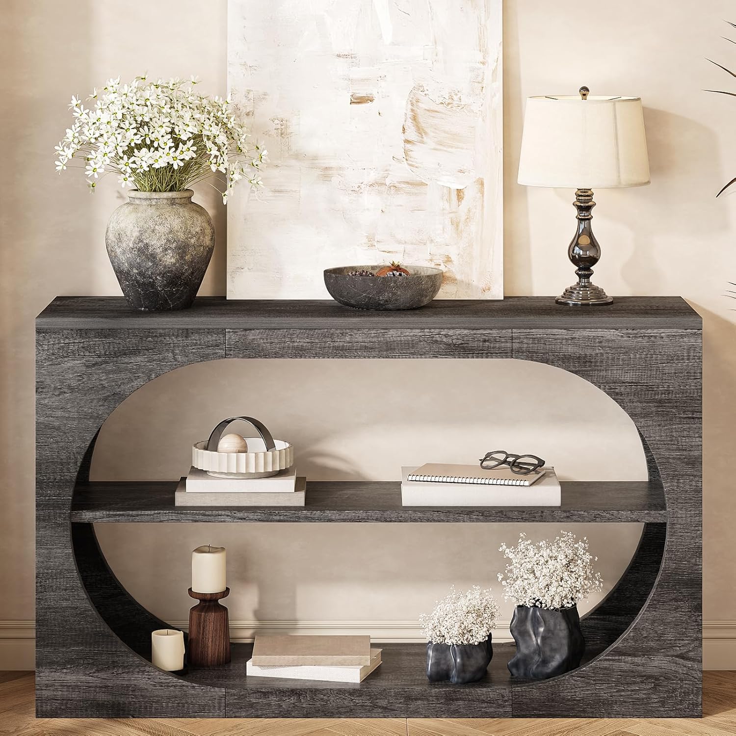 Console Table, 55-Inch Entryway Table with Storage 3-Tier Farmhouse Narrow Sofa Table Wood Foyer Table for Entryway, Hallway, Living Room, Office (Grey Oak, 55 inch) Grey Oak 55inches