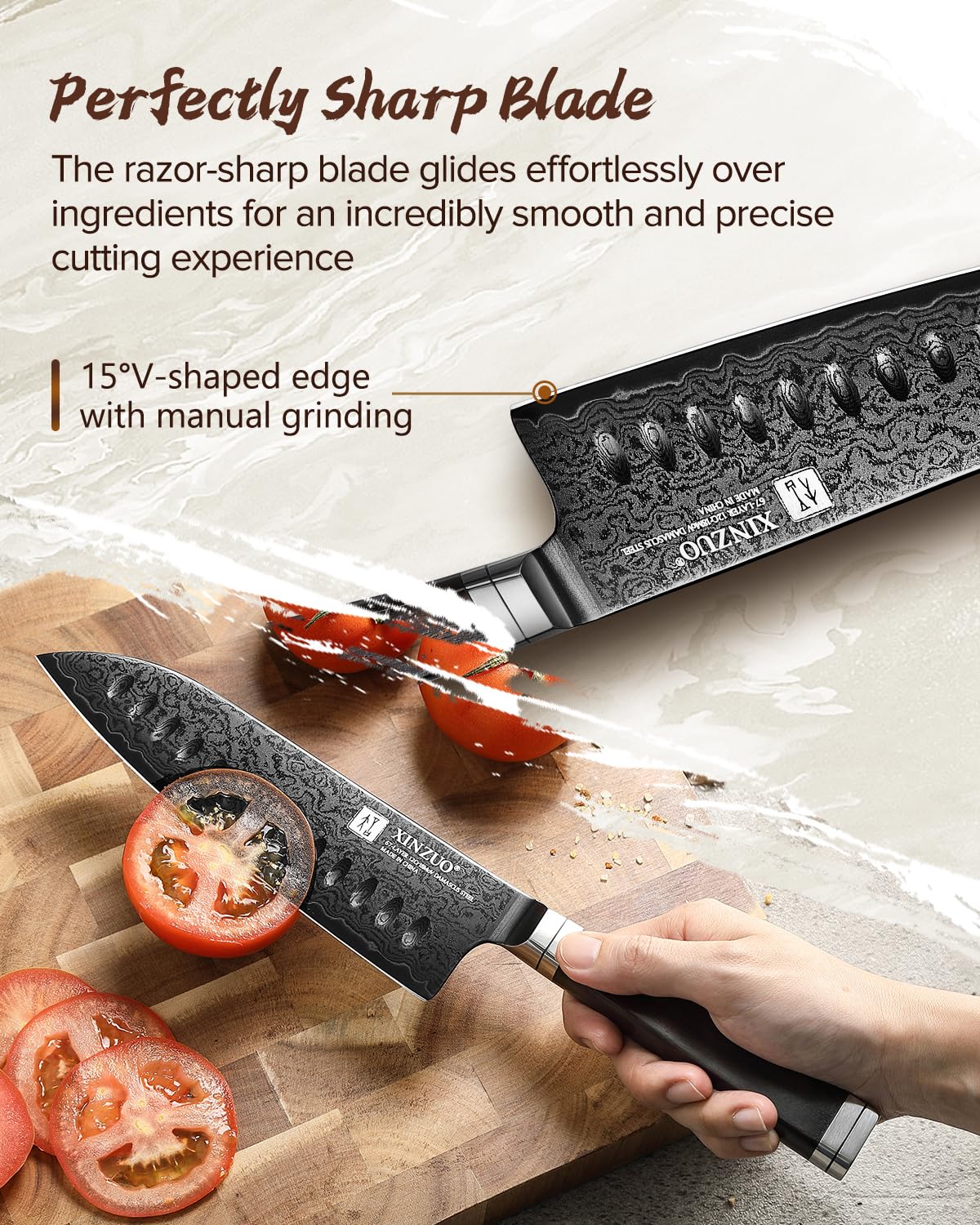 XINZUO 67-warstwowy nóż Santoku ze stali damasceńskiej, 18,2 cm, profesjonalnie kuty nóż szefa kuchni z ostrym ostrzem, ergonomiczny uchwyt z drewna hebanowego, w pudełku prezentowym, seria Ji