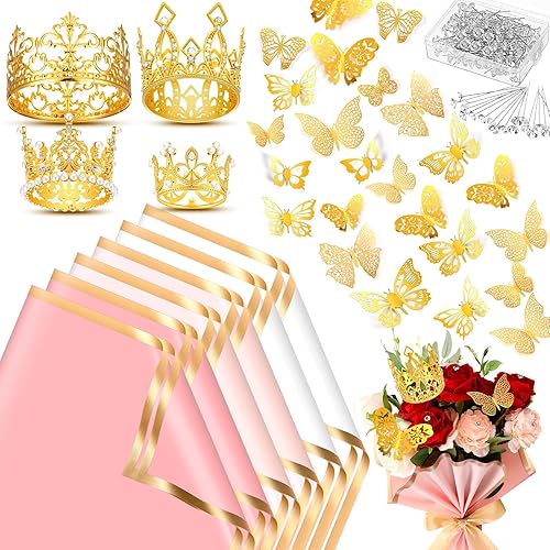 Estune 195 accesorios de ramo de flores, 60 papel de regalo floral, 4 coronas doradas, 48 decoraciones de mariposa, 200 alfileres de flores para el