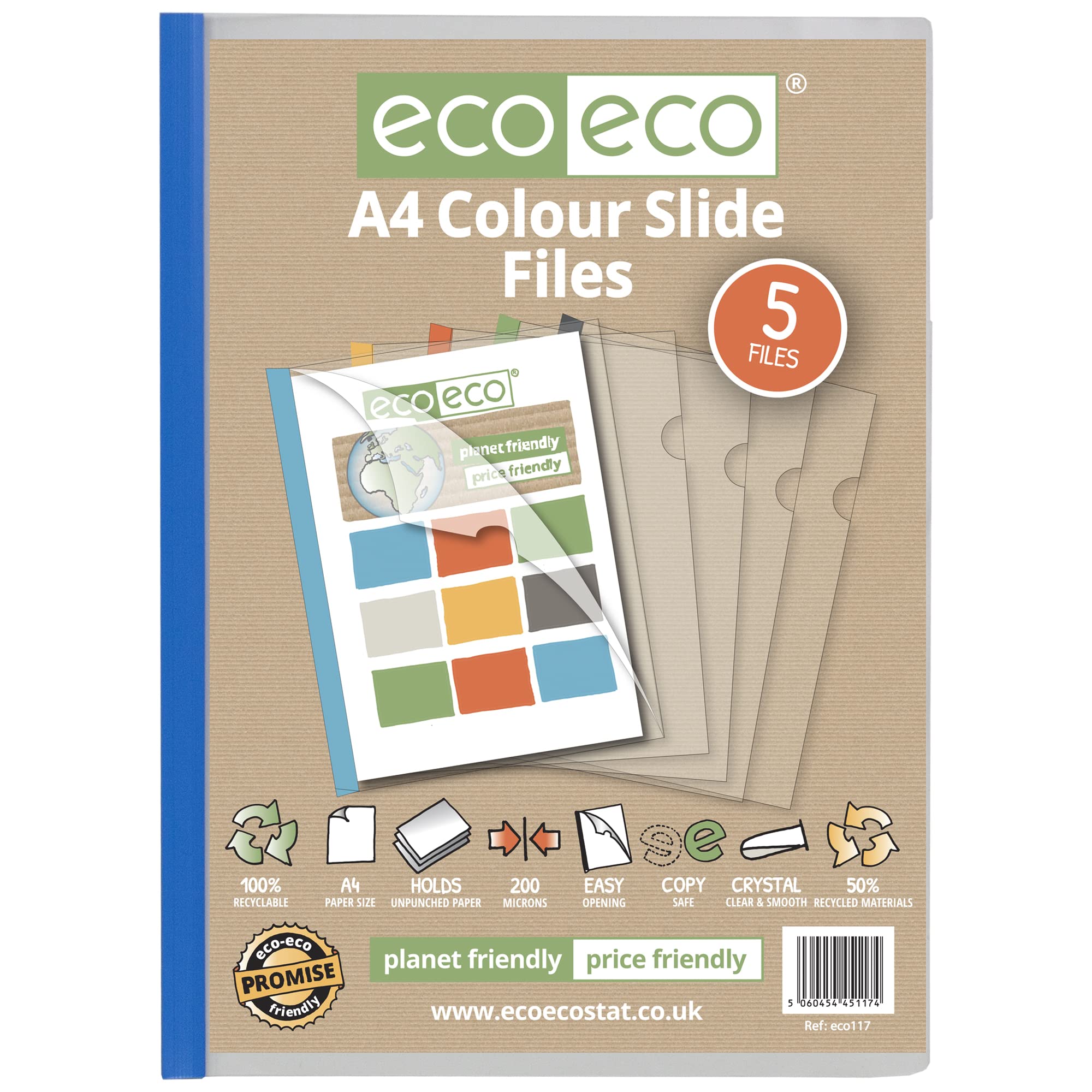 eco-eco A4 50% reciclado bolsa 60 archivos fáciles de deslizar, archivos de informe de proyecto de barra de clip de colores, eco117 x 12