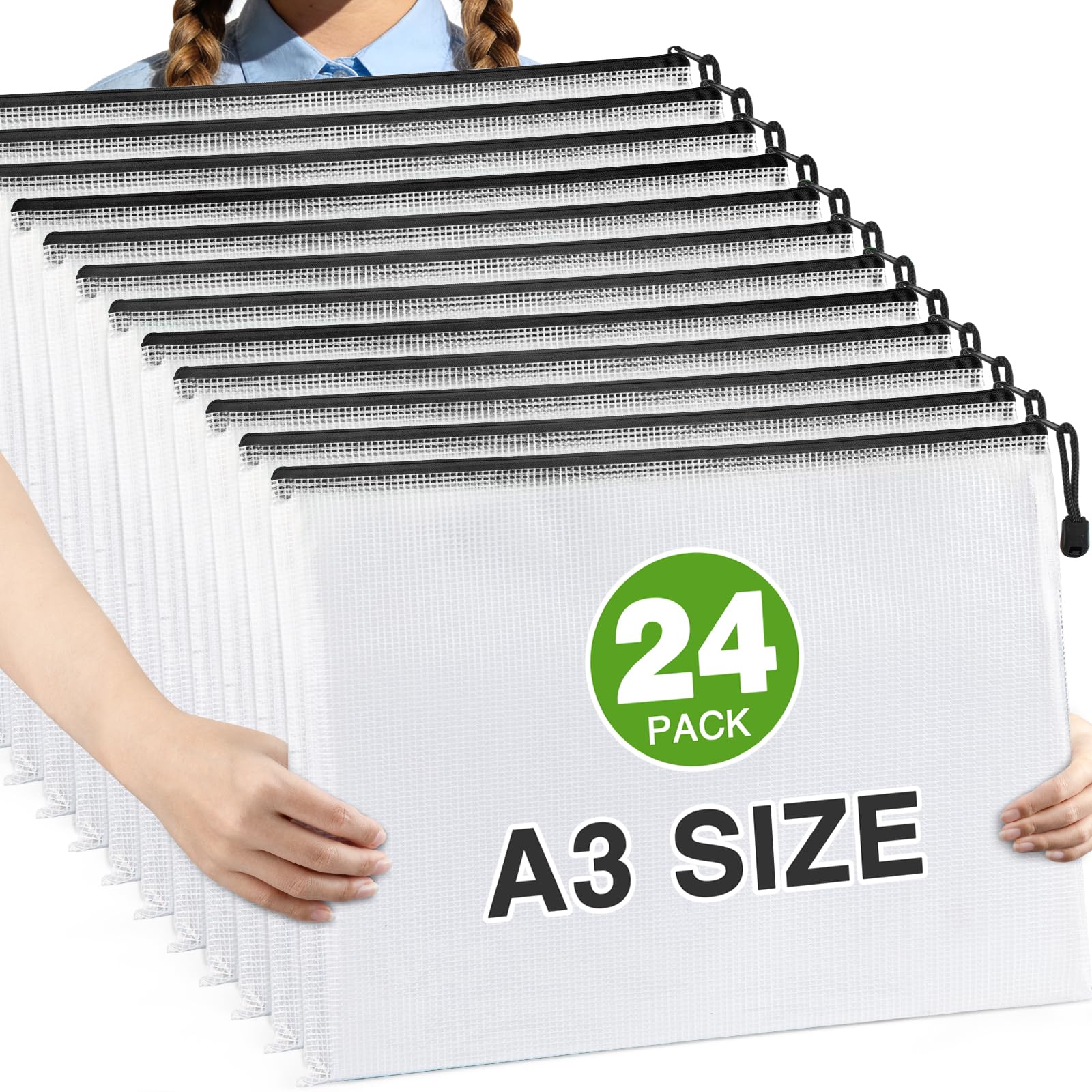 Umriox Confezione da 24 sacchetti con cerniera per organizzare, nero, formato A3 (16,9 x 12,4), grandi borse a rete, borse con cerniera per puzzle e giochi da tavolo, articoli da toeletta da viaggio