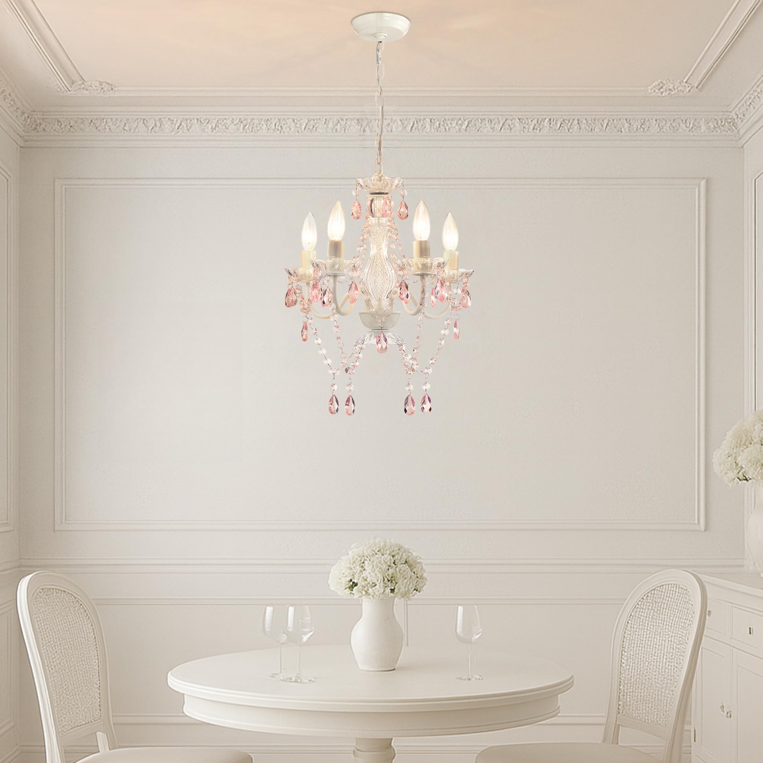Alighting Kleiner Kronleuchter in Rosa und Weiß – 4-Flammige Pendelleuchte Ø 41 cm, Elegante Deckenlampe für Mädchen Kleine Räume, Schlafzimmer, Kinderzimmer, Flur, E14