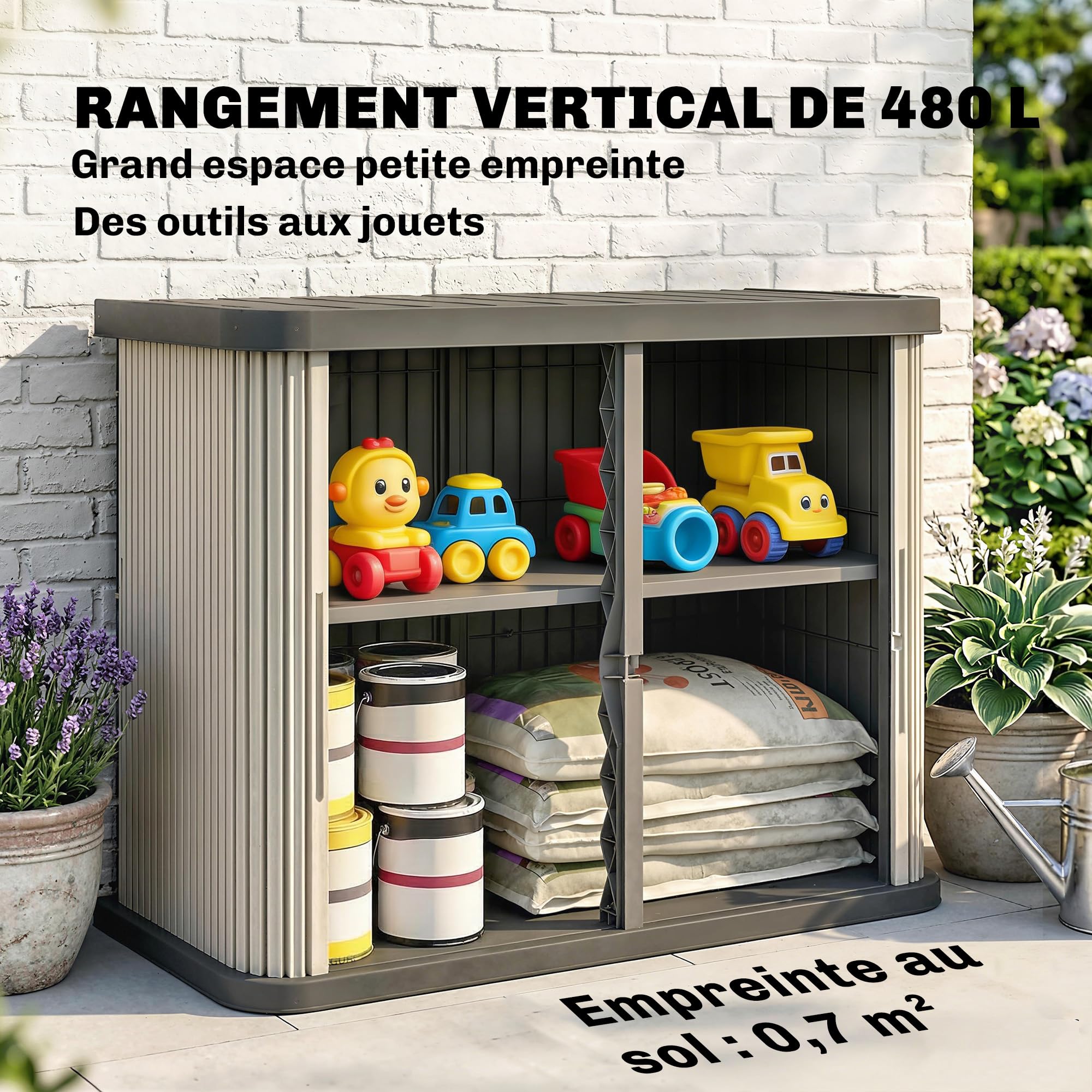 Outsunny Coffre de Rangement Extérieur 480 L 2 Niveaux Portes Coulissantes Résistant aux UV Jardin Terrasse 120,5x59,5x92cm Marron Clair
