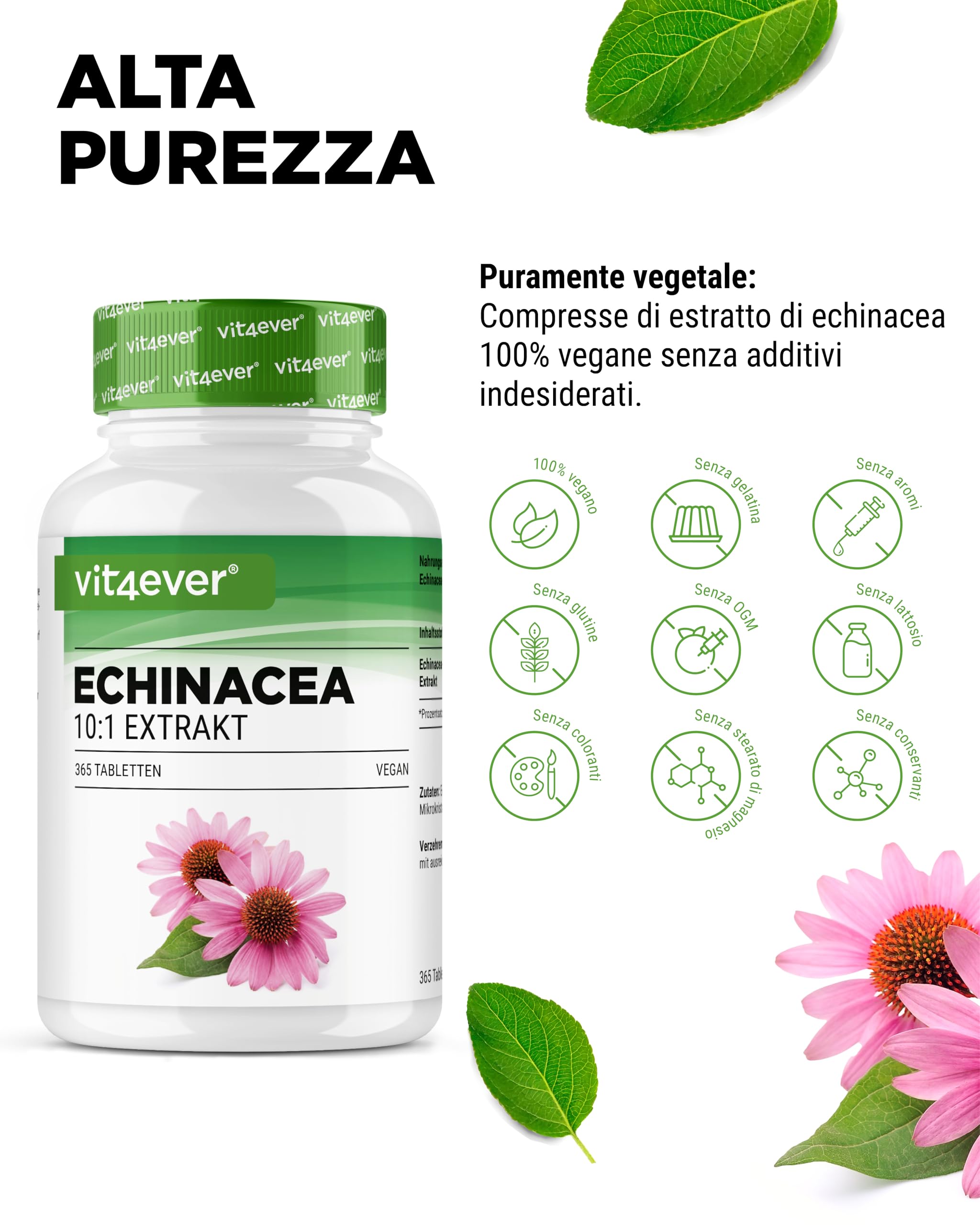 Echinacea 500 mg - 365 compresse vegane - Estratto naturale di echinacea 10:1 - Altamente dosato - Senza additivi indesiderati - Vegano