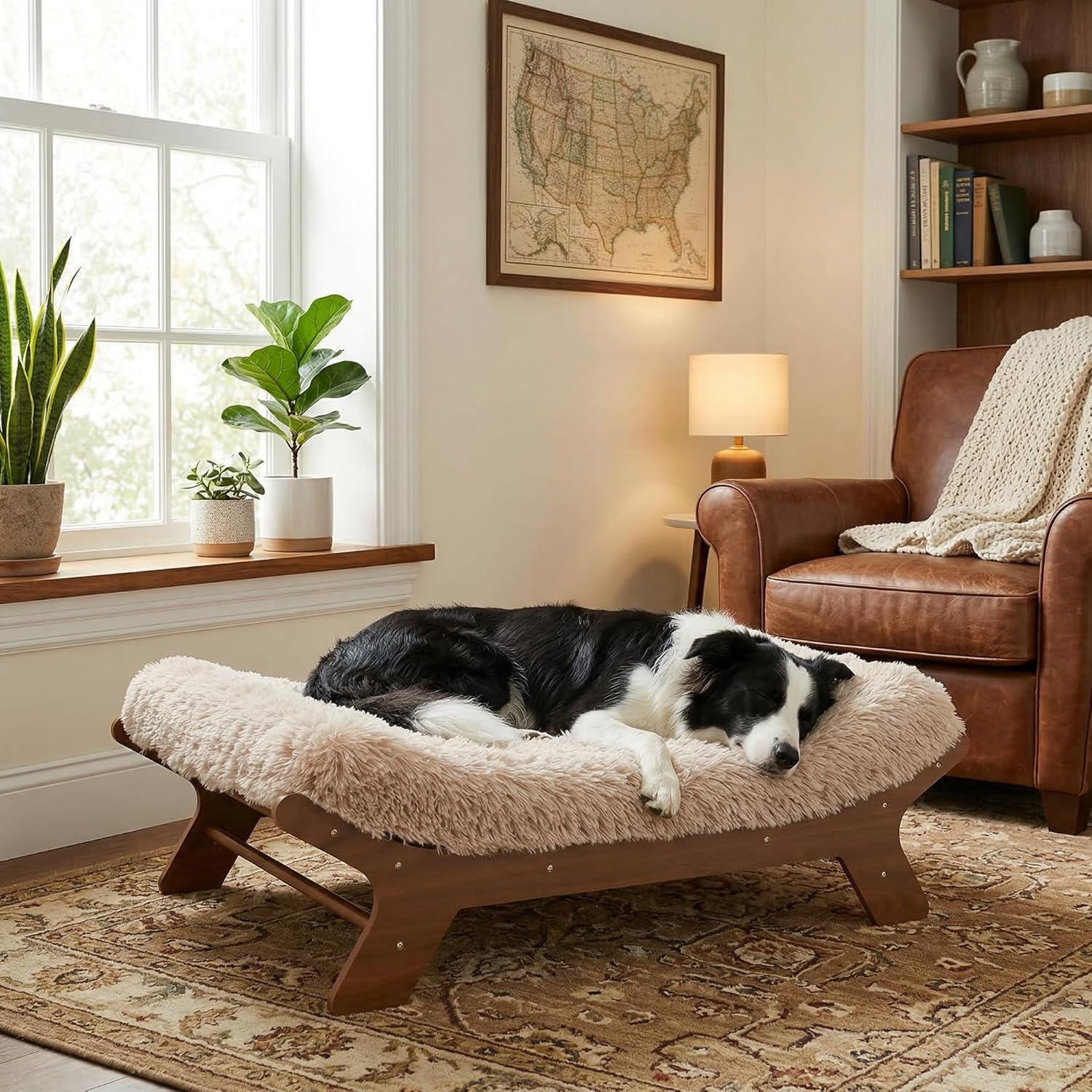 Muihood Wood Elevated Dog Bed Frame and Egg Crate Foam Mattress, Luxurious Suitable for Pets Up to 80 lbs, Walnut Grain Pattern, L