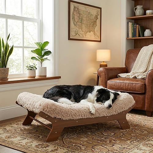 Muihood Marco de cama elevado de madera para perro y colchón de espuma para jaula de huevos, lujoso adecuado para mascotas de hasta 80 libras,