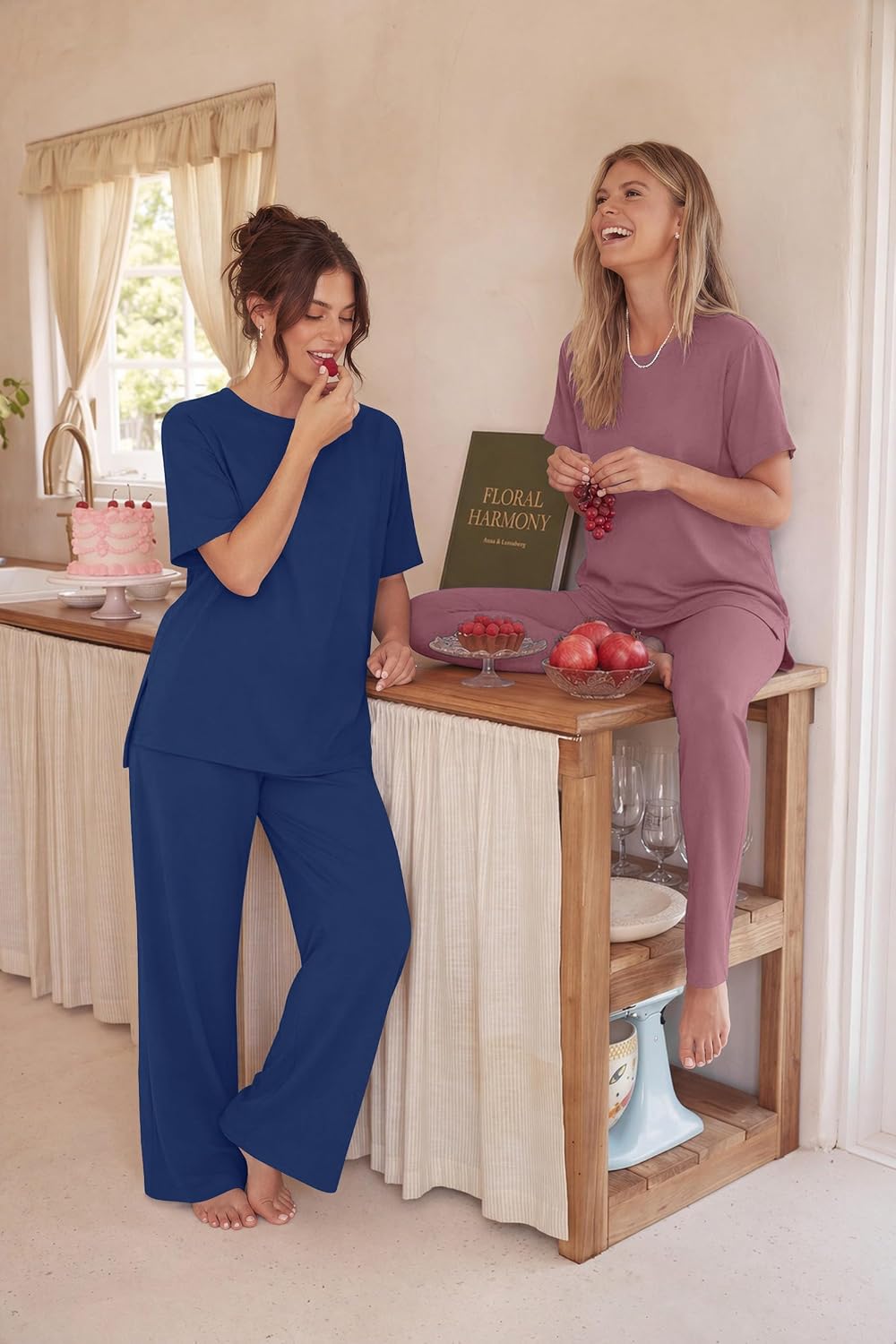Ekouaer Women's Lounge Sets Short Sleeve Top Long Pants 2 Piece Outfit Set | Soft Oversized Shirt & Loose Fit Pants with Pockets, Casual Loungewear for Travel, Vacation, Airport, Home,Daily Wear,2-Pack