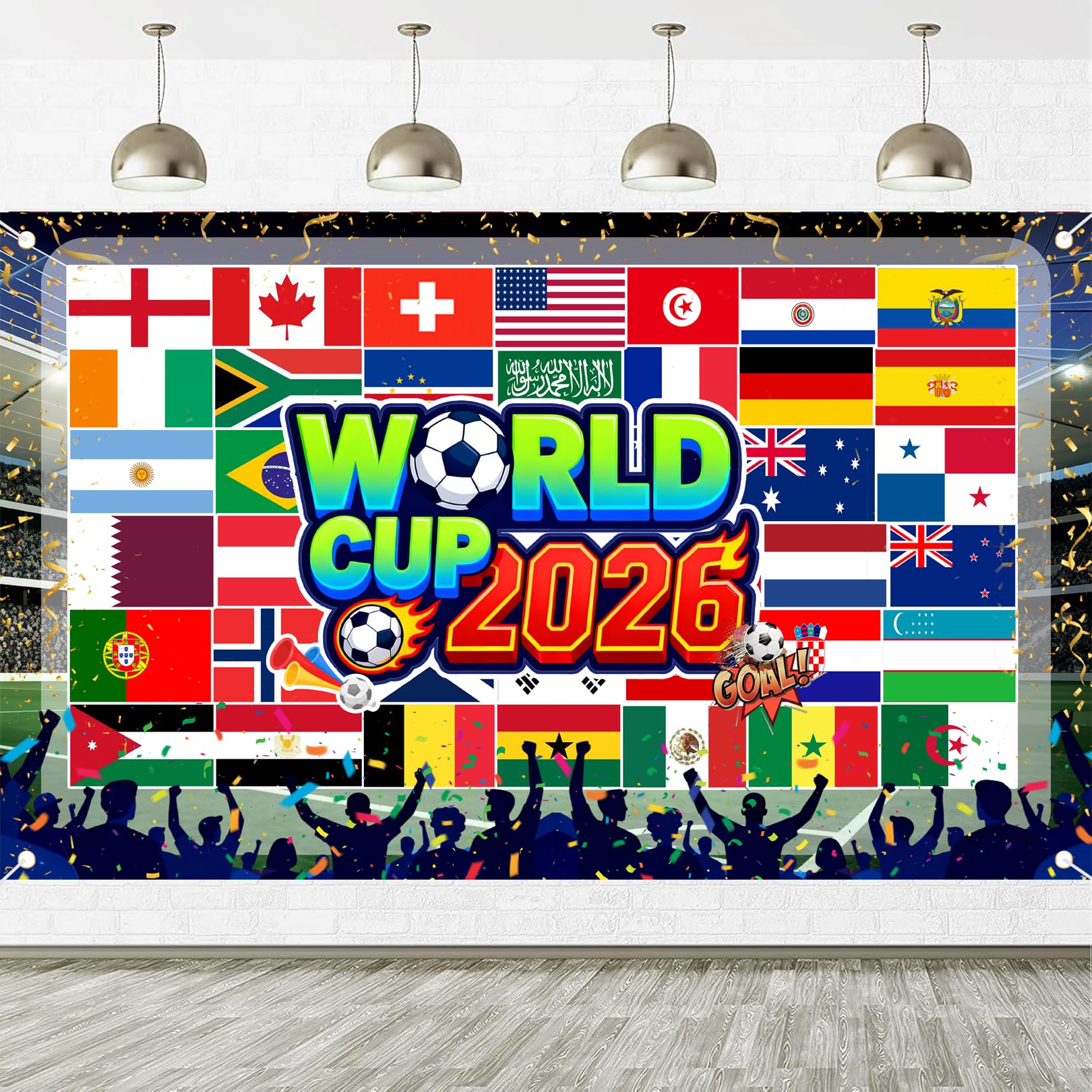 Solihigh Large 110 x 180 cm World Cup Football 2026 Flag, World Cup Wall Chart Banner Soccer Stadium Atmosphere Background with National Flags Ball Indoor Outdoor Party Garden Home Fan Decor