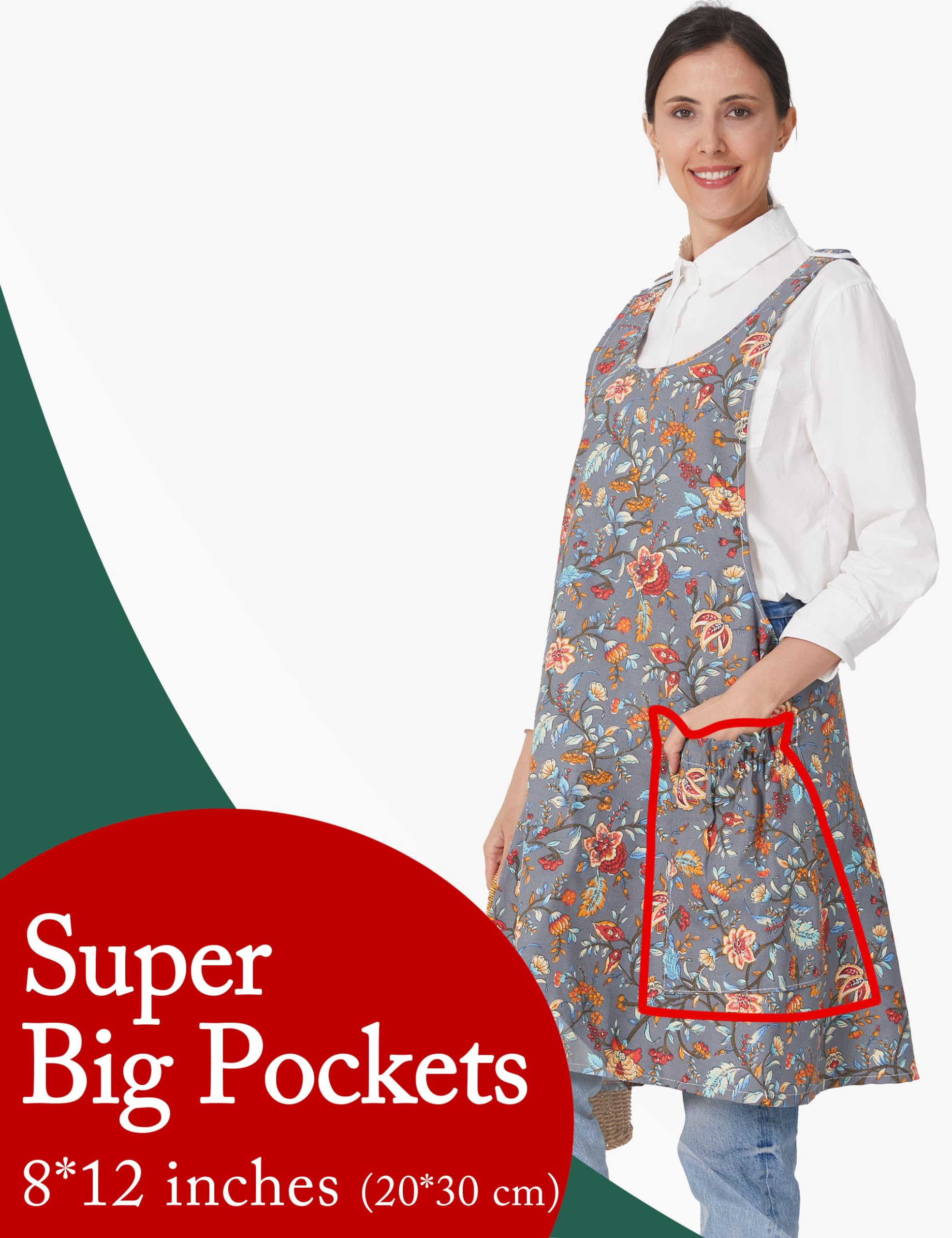 Gemütliche, verstellbare Schürze mit Kreuzrücken, für Damen, mit Taschen, Baumwollleinen, Kochen, Küche, Backen