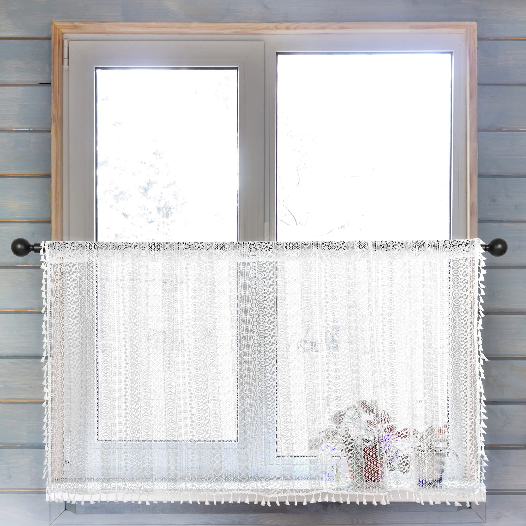 Bentrilisa Boho Crochet Window Tiers Curtains for Kitchen Cafe White 24 Inch Long Small Curtain with Tassels Hallow Knitted Lace Vintage Chic Short