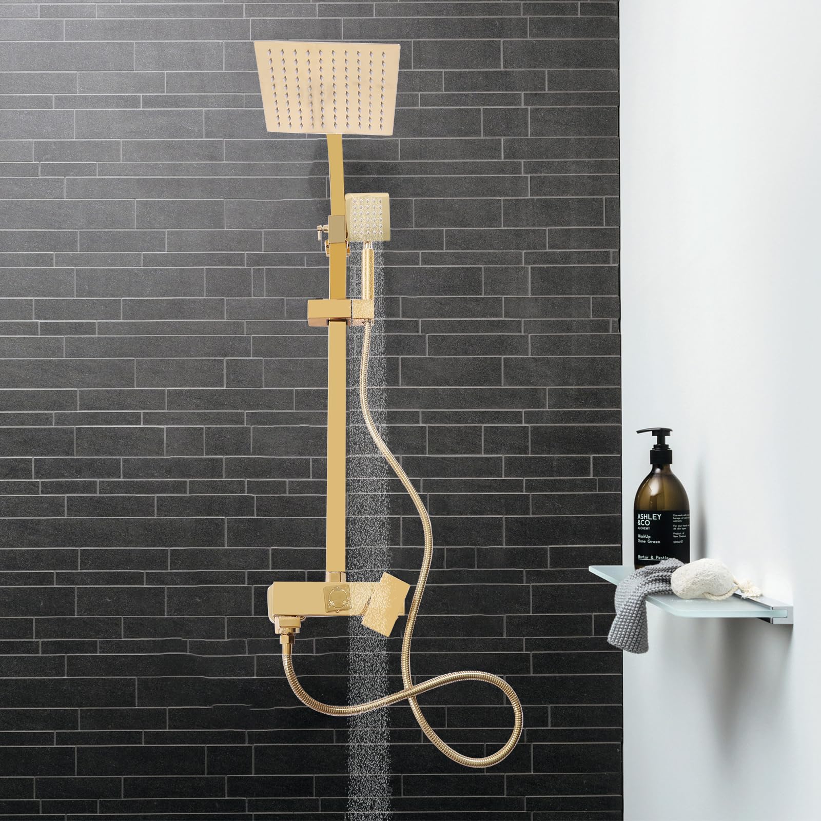 Set doccia in rame in acciaio inox dorato con altezza regolabile (80 – 113 cm) e 2 soffione doccia (pioggia/doccetta) – antiruggine, valvola in ceramica, anti-scottatura, facile da installare per