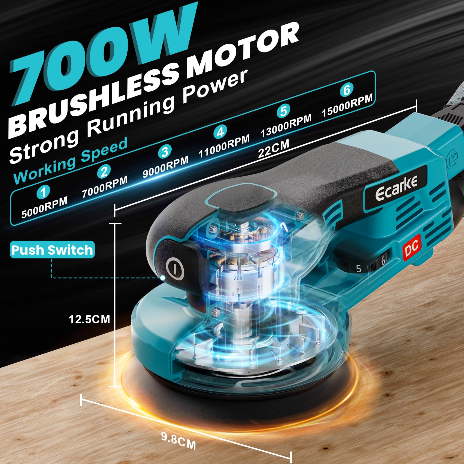 Ecarke 125mm Akku-Exzenterschleifer für Makita 18V-Akkus, bürstenloser Motor, 15.000 U/min, 6-stufige Drehzahlregelung, mit Staubbeutel & 20 Schleifblättern, ideal zum Polieren, Entrosten (ohne Akku)