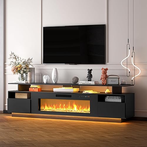 Miniatura 8 de Soporte de TV con chimenea de 70 pulgadas con chimenea eléctrica de 36 pulgadas, centro de entretenimiento con estación de carga y consola de luz