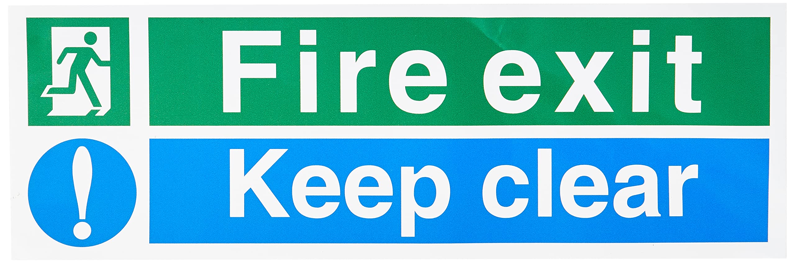 Seco Fire Exit - Man Running Left, Fire Exit, Exclamation Mark, Keep Clear Sign, 450mm x 150mm - Self Adhesive Vinyl