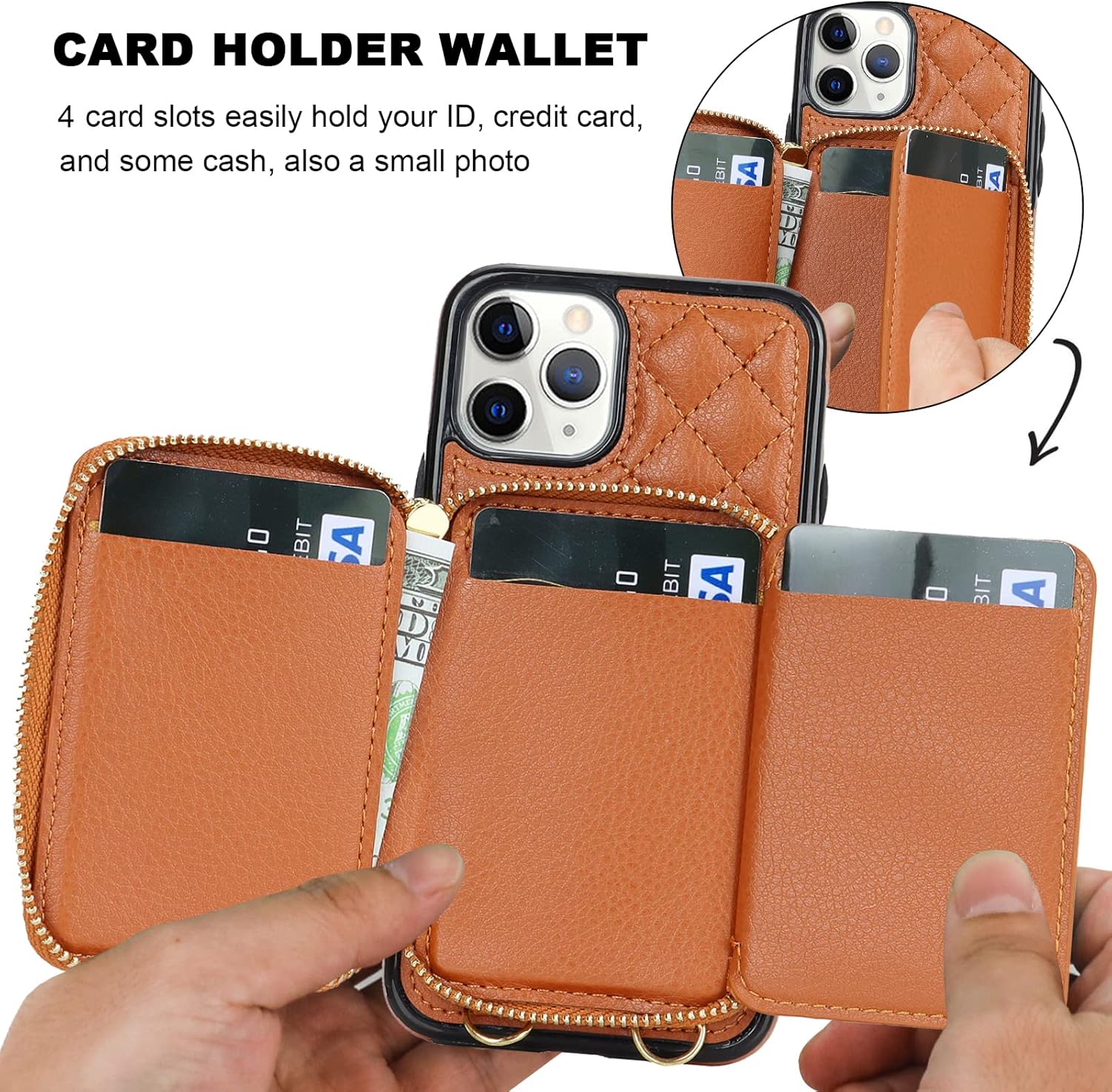 Bocasal Crossbody Wallet Case for iPhone 11 Pro, RFID Blocking PU Leather Zipper Handbag Purse Flip Cover, Kickstand Folio Case with Card Slots Holder Wrist Strap Lanyard 5.8 Inch (Brown)