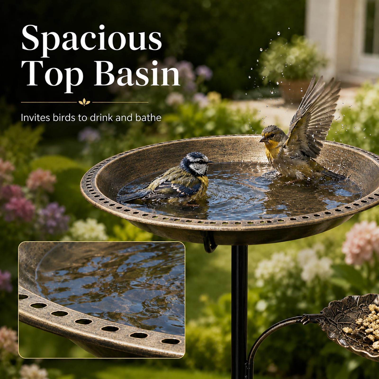 Metall Vogeltränke Stehend, 2 in 1 Vogelbad & Futterschale,Bird Bath für Garten, Vintage Vogeltränke Balkon, Freistehendes Vogelbad Gartenstecker, Wassertränke für Vögel