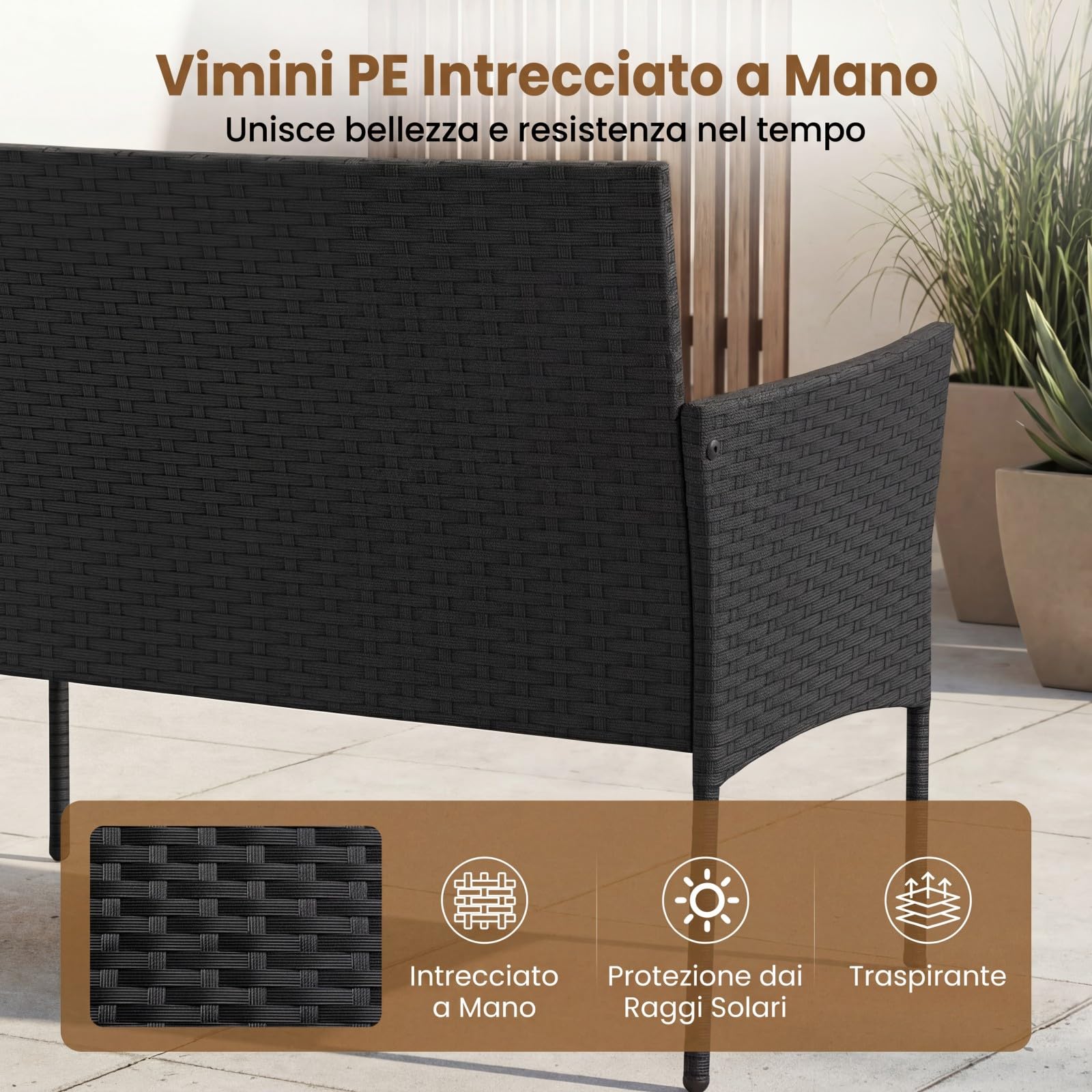 COSTWAY Set Salotto da Giardino 4 Pezzi, Divanetto da Esterno in Rattan PE con 2 Poltrone e Tavolino con Piano in Vetro Temperato, Cuscini Imbottiti e Telaio Metallo per Terrazzo e Balcone (Beige)