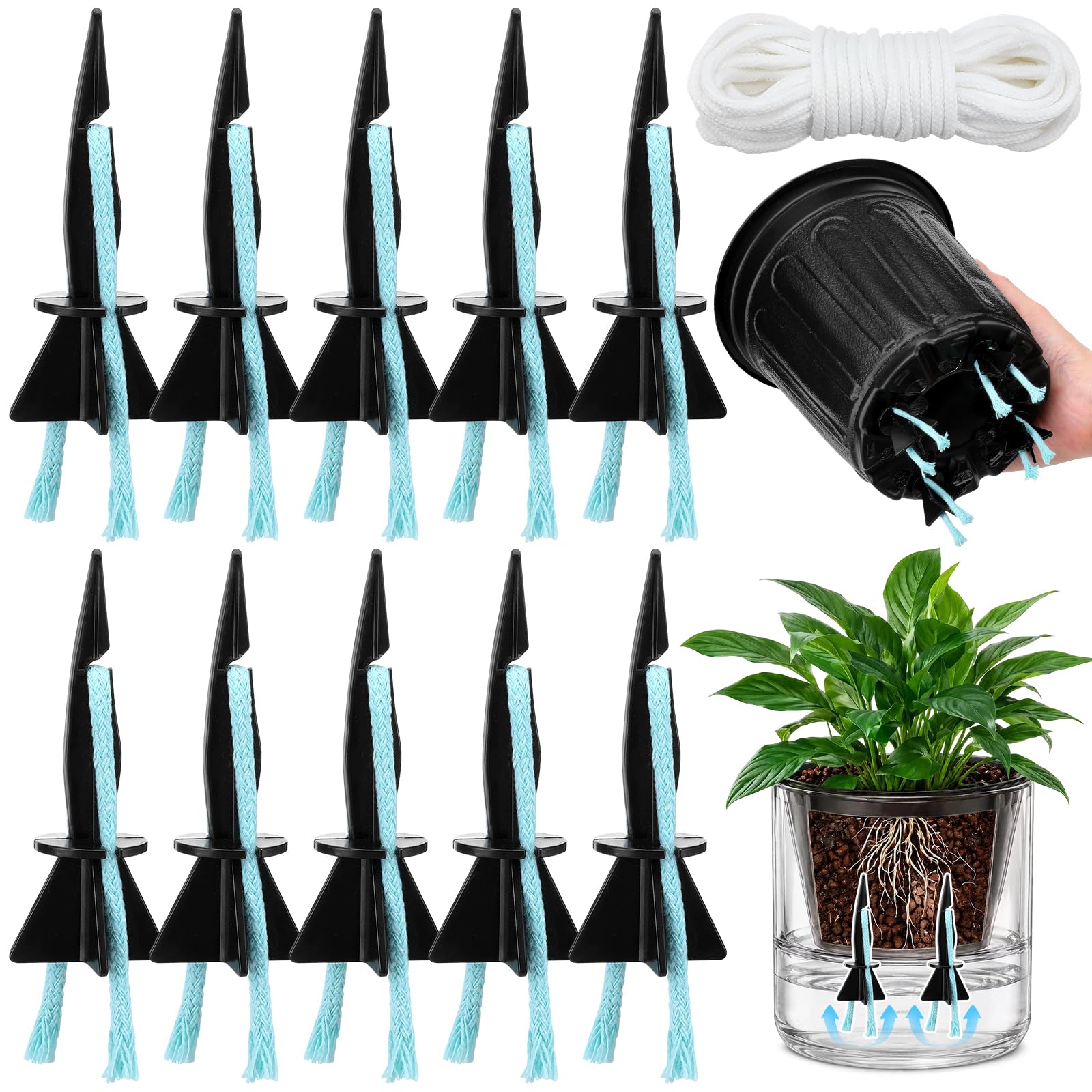 10 Pack Self-Watering Plant Spikes with 32.8ft Capillary Wick Rope