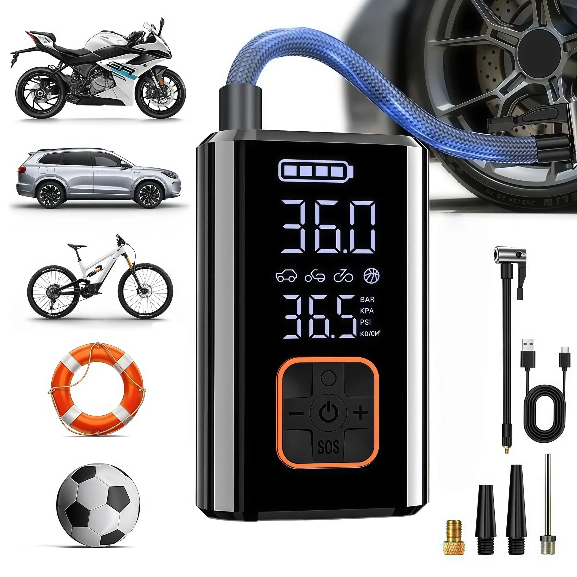 Gonfiatore per Pneumatici per Pompa d'Aria per Auto | Gonfiatore multifunzione wireless elettrico portatile Per bici fuoristrada berlina SUV