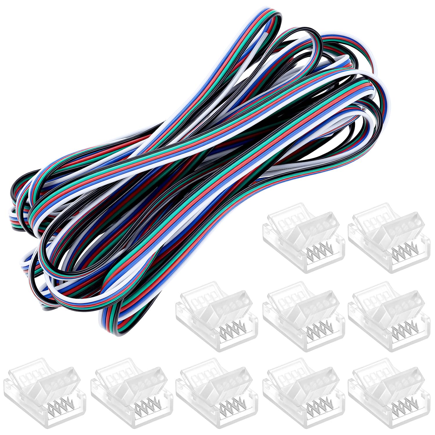 QWORK® LED Strip Extension Cable 5m 4 Pin 22 AWG, with 10 pcs 12mm LED Connectors, Compatible with 5V/12V/24V — image 1