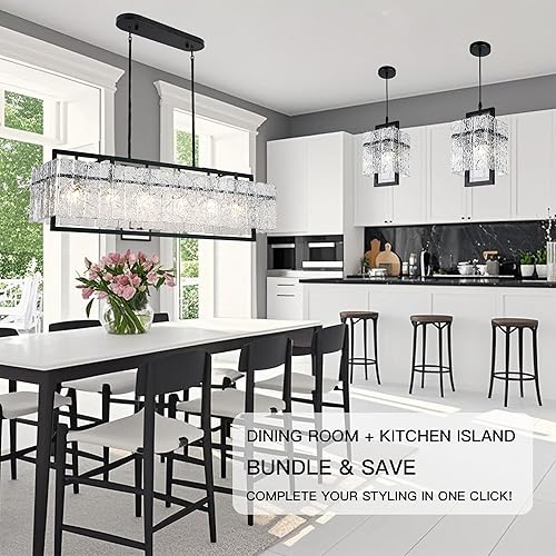 Miniatura 8 de IKK Candelabros rectangulares modernos de cristal negro para comedor, 42 pulgadas de largo, rectangular, de cristal ondulado, iluminación lineal