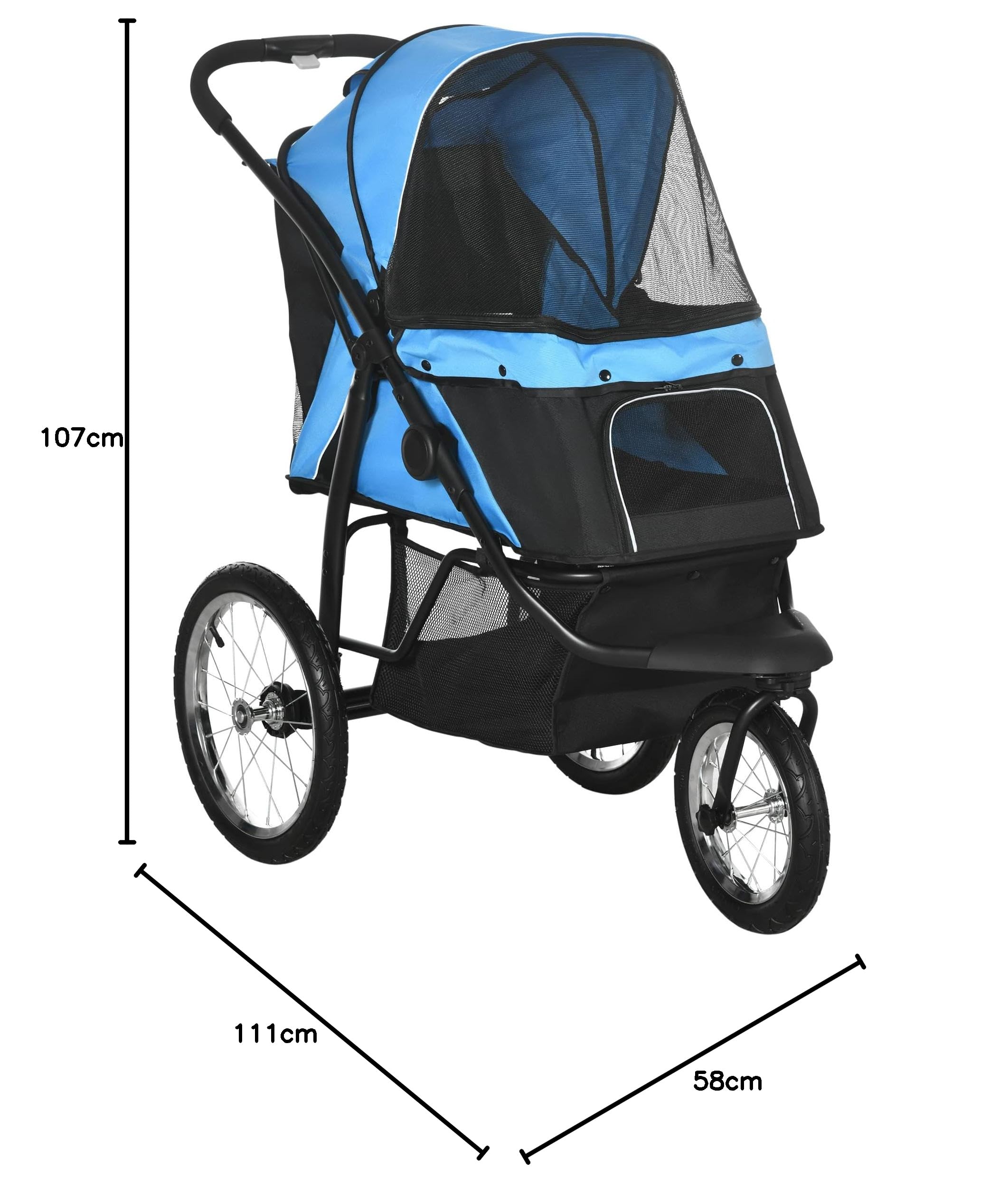 PawHut Hundewagen Hundebuggy klappbar für Hunde & Katzen bis 20 kg Katzenbuggy mit geländegängige Gummiräder Kissen Netzfenstern Türen Katzenwagen mit Aufbewahrungskorb Buggy Blau