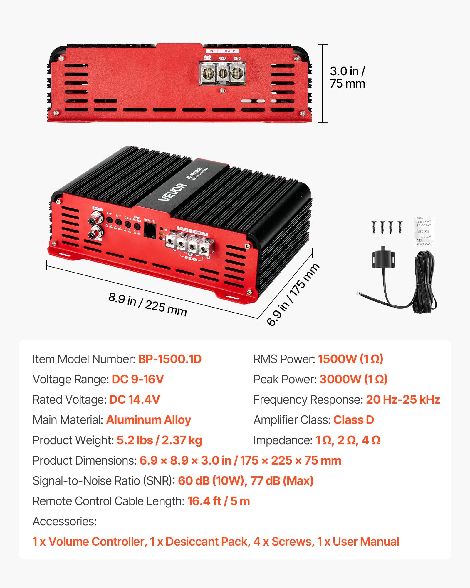 VEVOR Amplificador Monobloque para Coche de 1500 W, RMS MÁX. 1/2/4 Ohmios, Clase D, 1 Canal, con Control Remoto de Nivel de Subwoofer, Filtro de Paso Bajo, Refuerzo de Graves y Control de Volumen