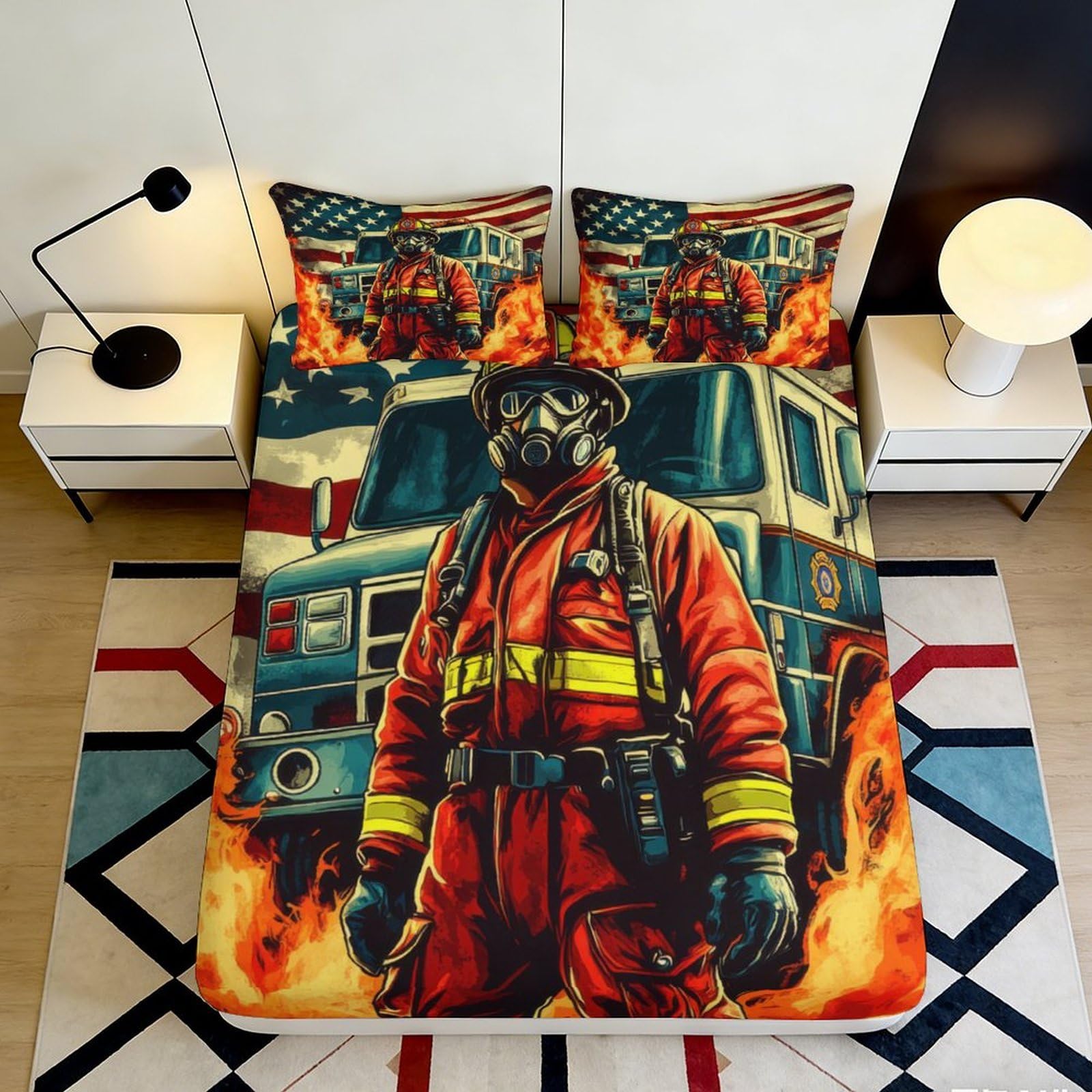 3D Printed Firefighter Pattern Fitted Sheet Microfiber Durable Easy Care American Flag Bed Cover for Bedroom Dormitory Guest Room Mattress Protection 90x200x25cm