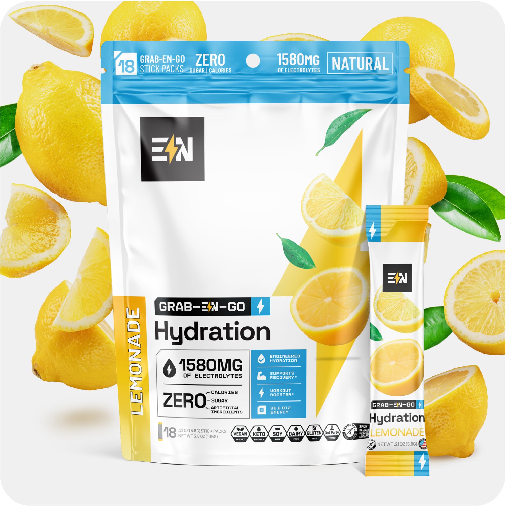 Engineered Nutrition Sugar-Free Electrolyte Powder Packets - Lemonade Flavor - Keto Hydration Packets w/Magnesium, Potassium &amp; Sodium - Zero Calorie, Vegan, Non-GMO, Gluten-Free - 18 Single Servings