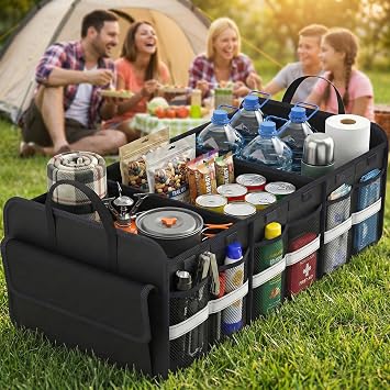 Trunk Organizer for SUV, Large trunk organizer for car, Collapsible Multi-Compartment Car Trunk Organizer, Sturdy Cargo Trunk Storage Organizer, Non Slip Bottom