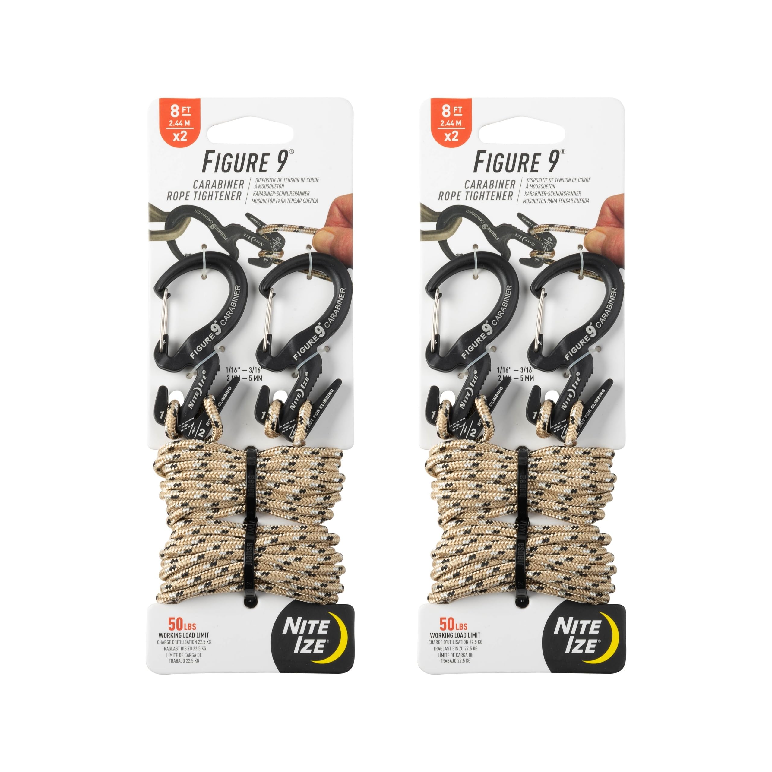 Nite Ize Figure 9 Carabiner Rope Tightener - Heavy-Duty Carabiner Clip - Cord & Rope Tightener with Wire Gate - Carabiner Camping Accessories & Tent Essentials - Small, Black (2 Pack)
