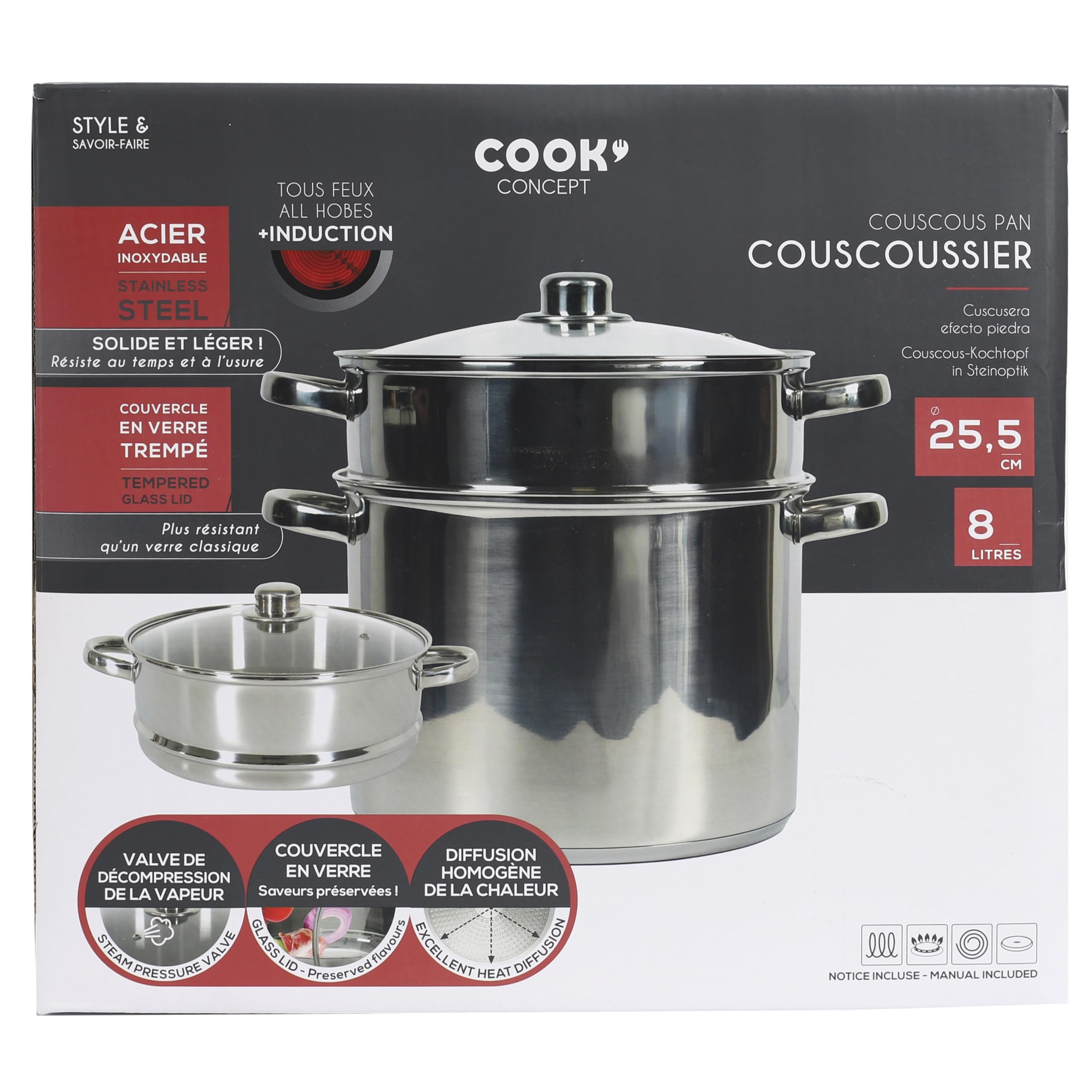 COOK CONCEPT Couscoussier en Métal Couvercle Verre 8 L Tous Feux Argent