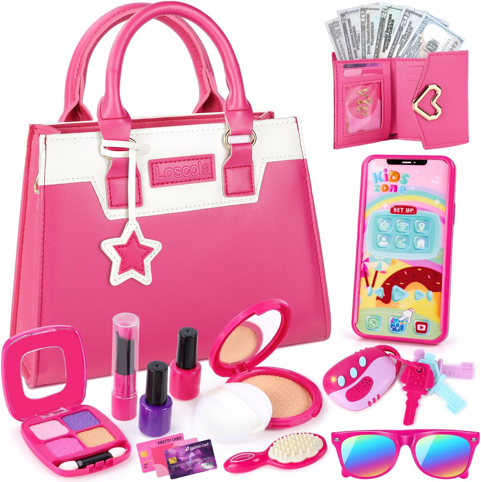 Play Purse for Little Girls, Toddler Purse with Pretend Makeup, 29PCS Kids Purse Little Girls Toys, Princess Pretend Play Girl Toys for 3 4 5 6 7 8 Years Old, Toddler Birthday Gift Age 3+